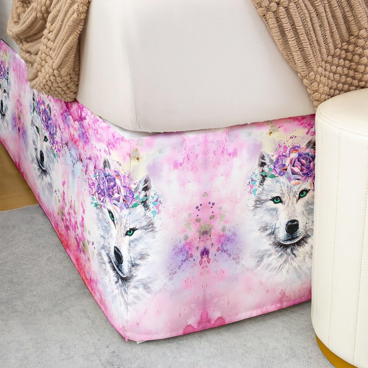 Falda de cama plisada con volantes y polvo de lobo, teñido anudado, estampado de lobo rosa, falda de cama tamaño Queen para niños y niñas,