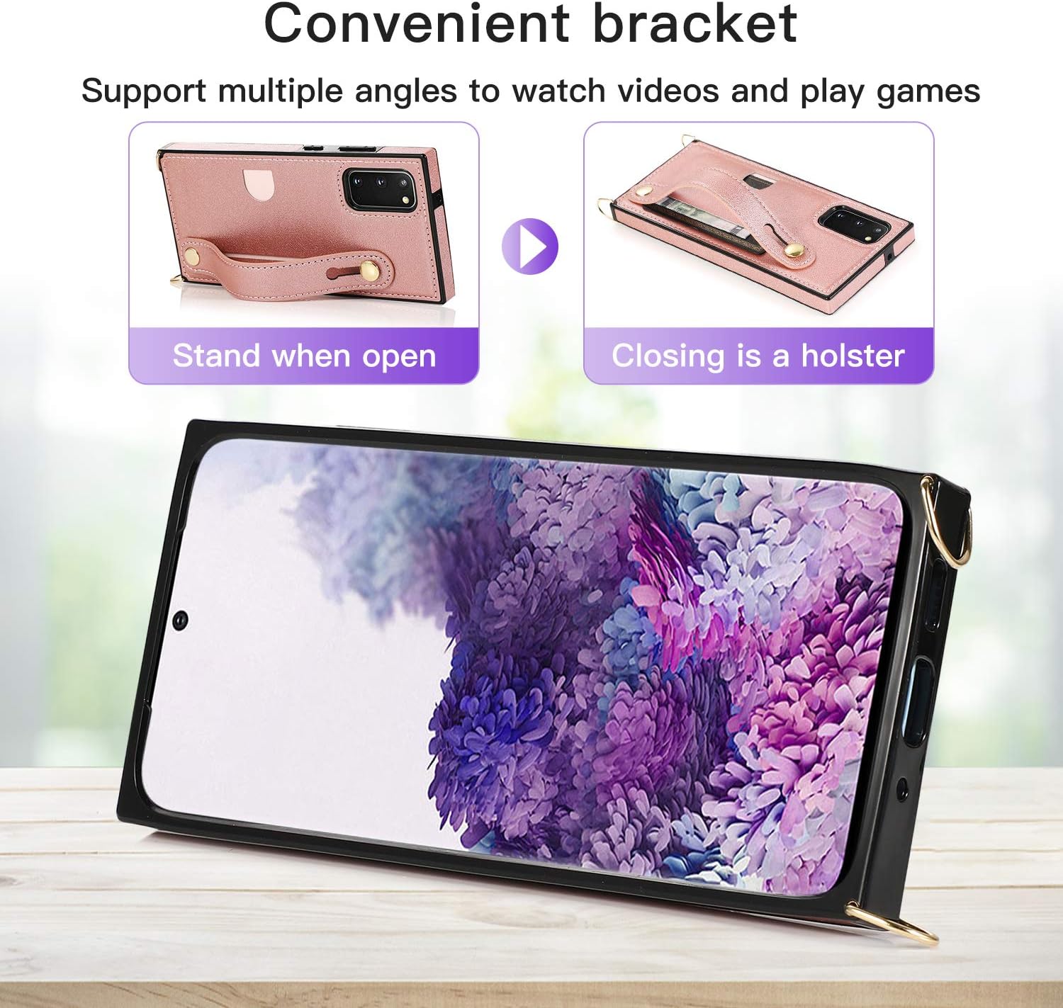 Funda tipo cartera para Samsung Galaxy Note 20, correa de piel ajustable extraíble para tarjetas cruzadas, correa para el cuello, correa para el