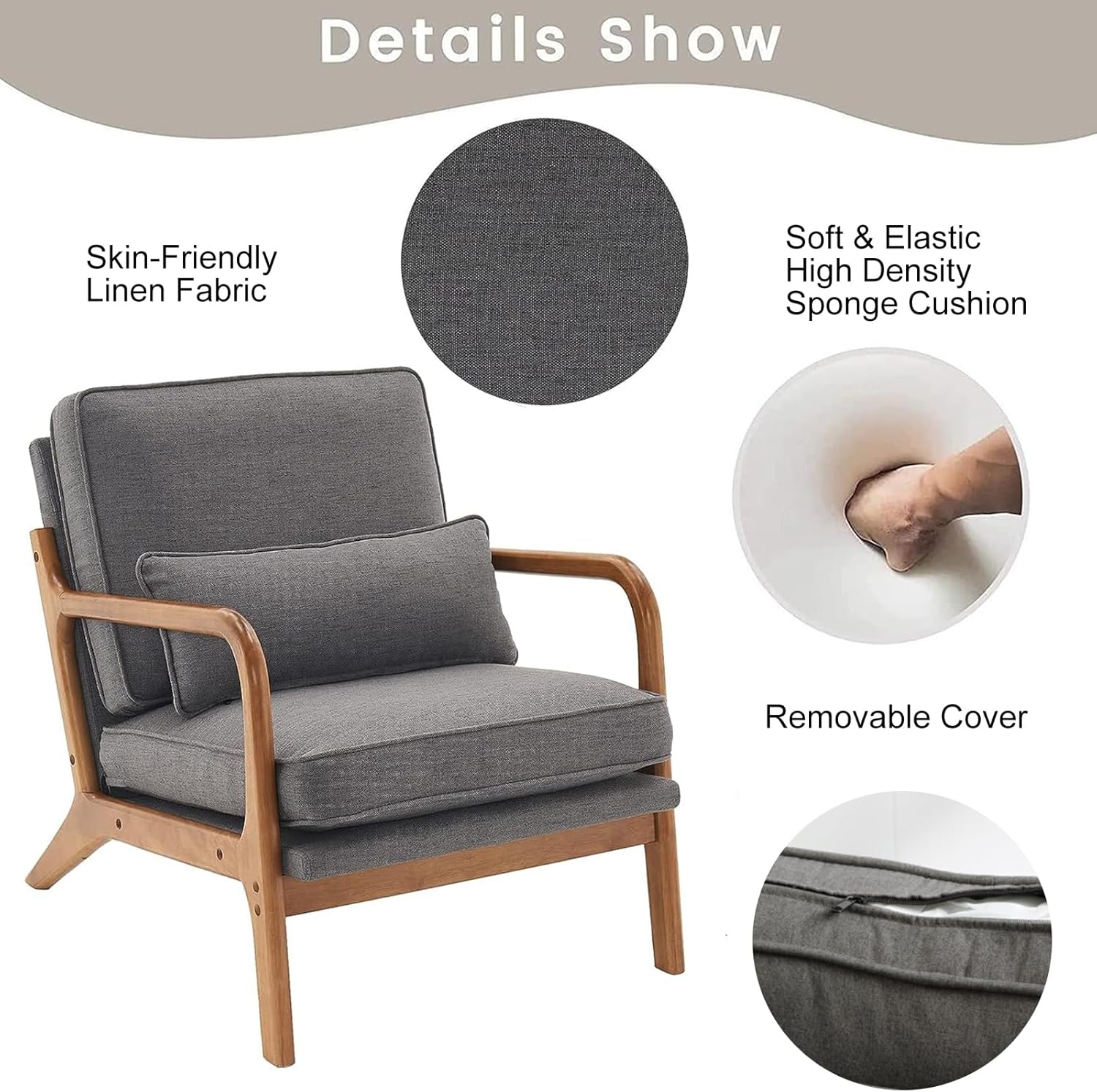 pazezog Silla decorativa para sala de estar, sillón tapizado moderno de mediados de siglo con almohada, sillón de lectura, sillas decorativas