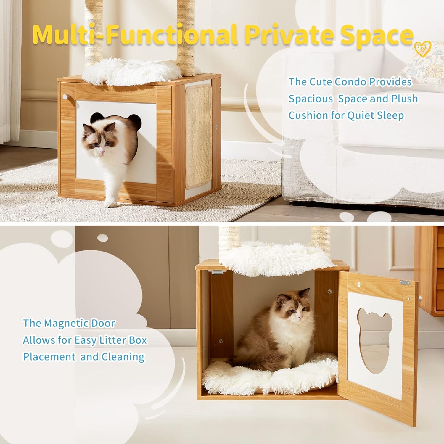 Made4Pets – Árbol para gatos con caja de arena, torre moderna 2 en 1 para gatos de interior, condominio de madera de 48.6 pulgadas con poste