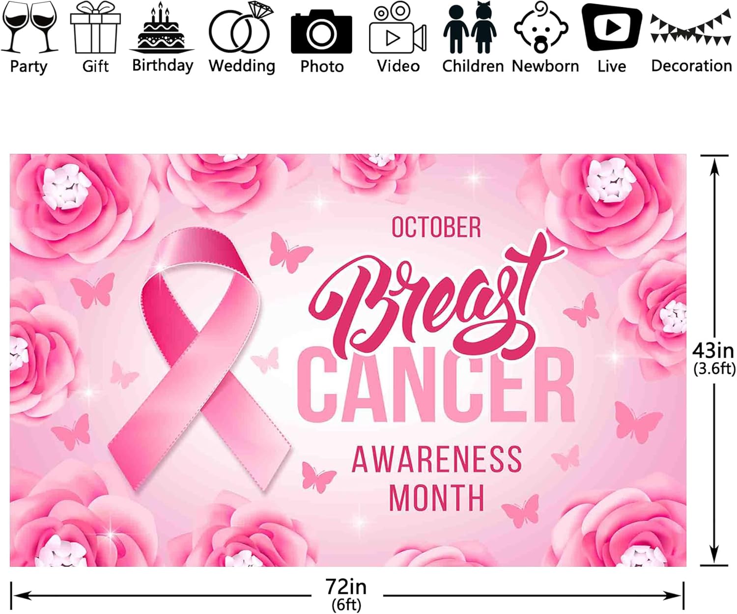 Telón de fondo de fotografía de concienciación sobre el cáncer de mama de 72 x 43 pulgadas, cinta rosa, fondo floral, decoración de fiesta de