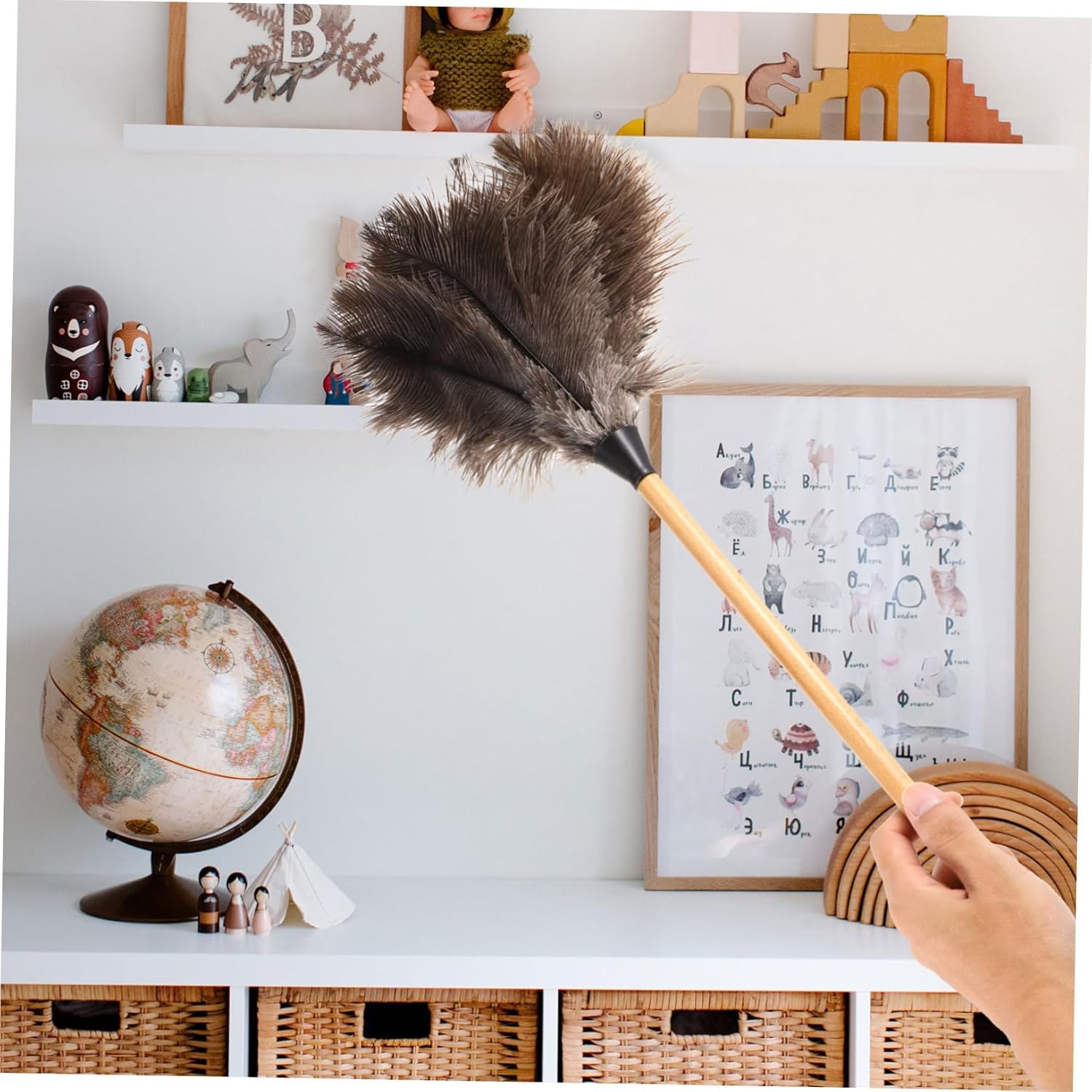 DOITOOL Plumero de pelo suave, escoba telescópica de avestruz, fregona de lavado de coche, plumero de madera, limpieza del hogar, herramienta de
