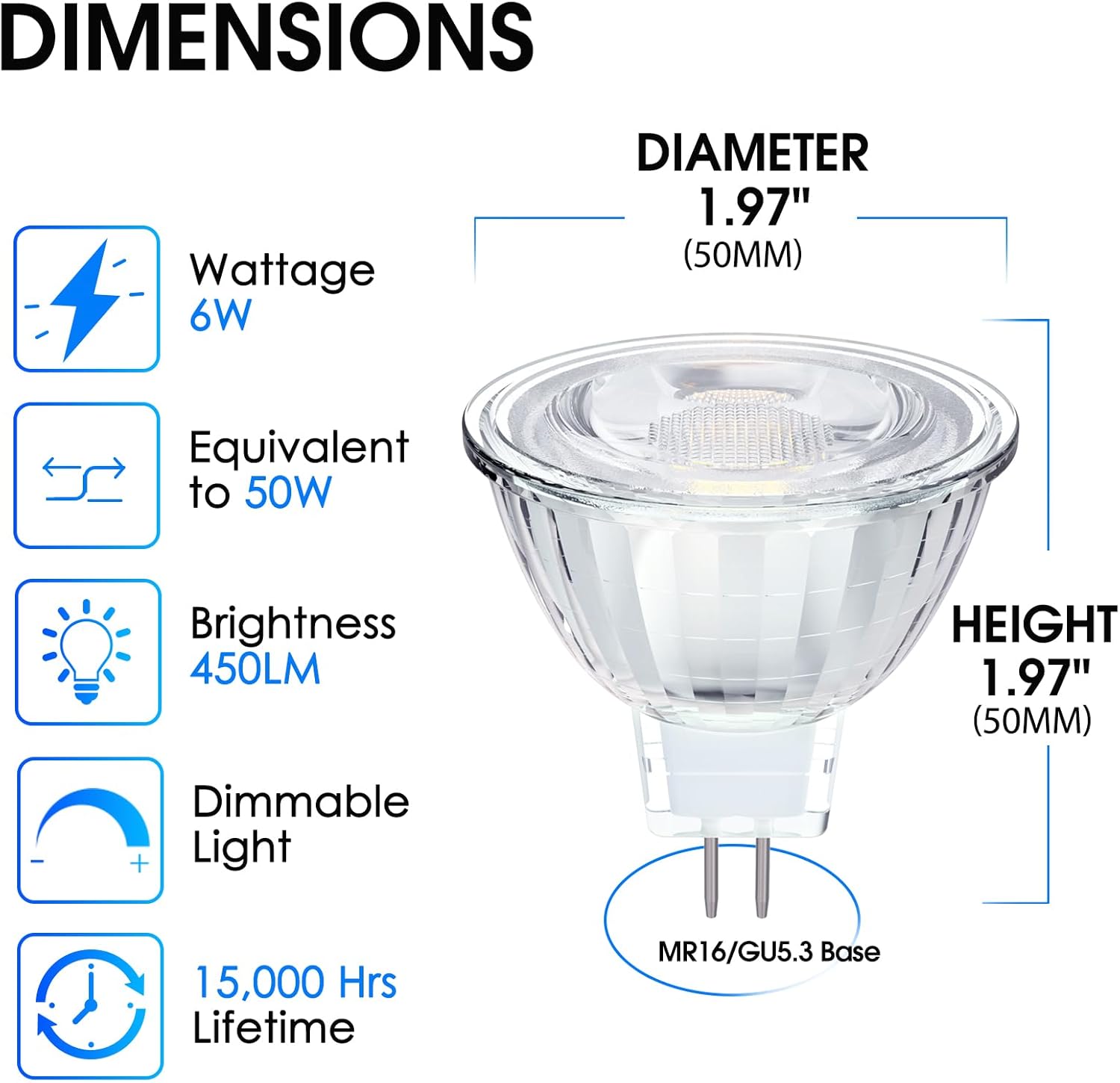Energetic – Bombilla LED MR16 regulable de 6 W y 12 V, equivalente a halógeno de 50 W, CRI 90+, base de dos pines GU5.3, ángulo de haz de 40 grados,