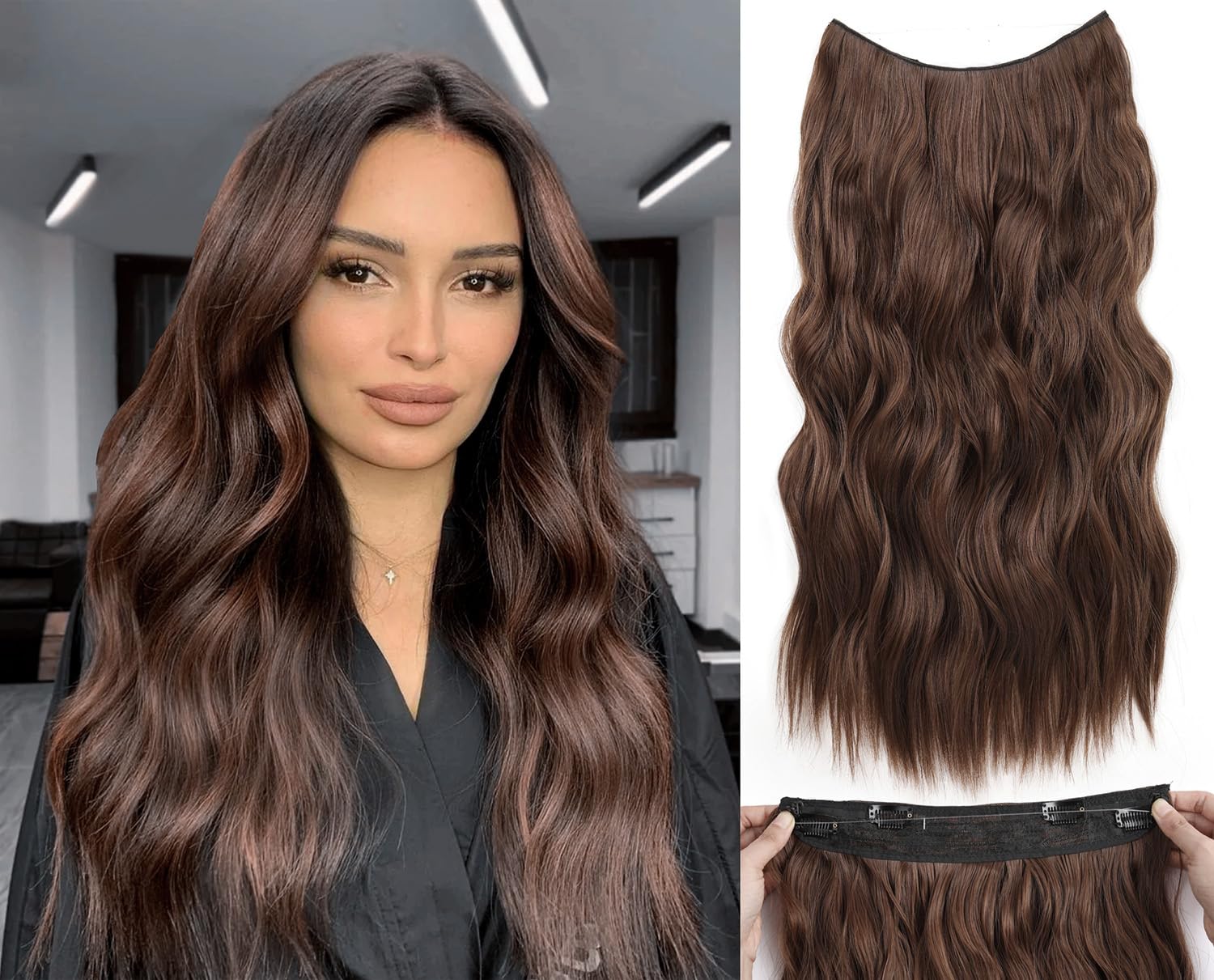 Extensiones de cabello con clip de 20 pulgadas con alambre invisible, tamaño ajustable, extensiones de cabello ondulado largo con 4 clips de