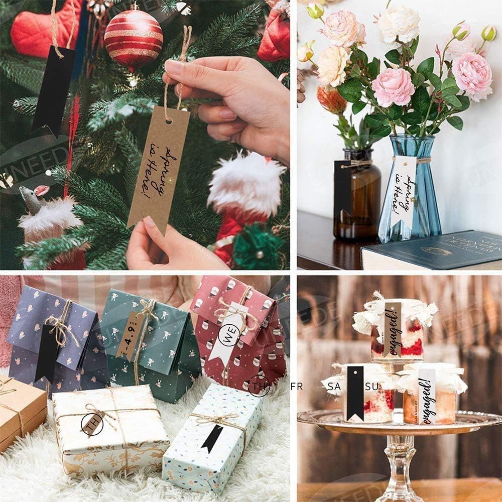 DIYASY Etiquetas de regalo de papel kraft con cuerda, 150 etiquetas de papel marrón, blanco y negro, etiquetas colgantes de 2.8 x 0.8 pulgadas,