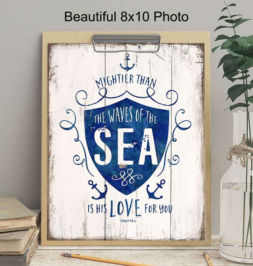 Mightier Than the Waves Religious Scripture Wall Decor – Nautical Beach House, Ocean Home Decoration – Bible Verse Wall Art – Gift for