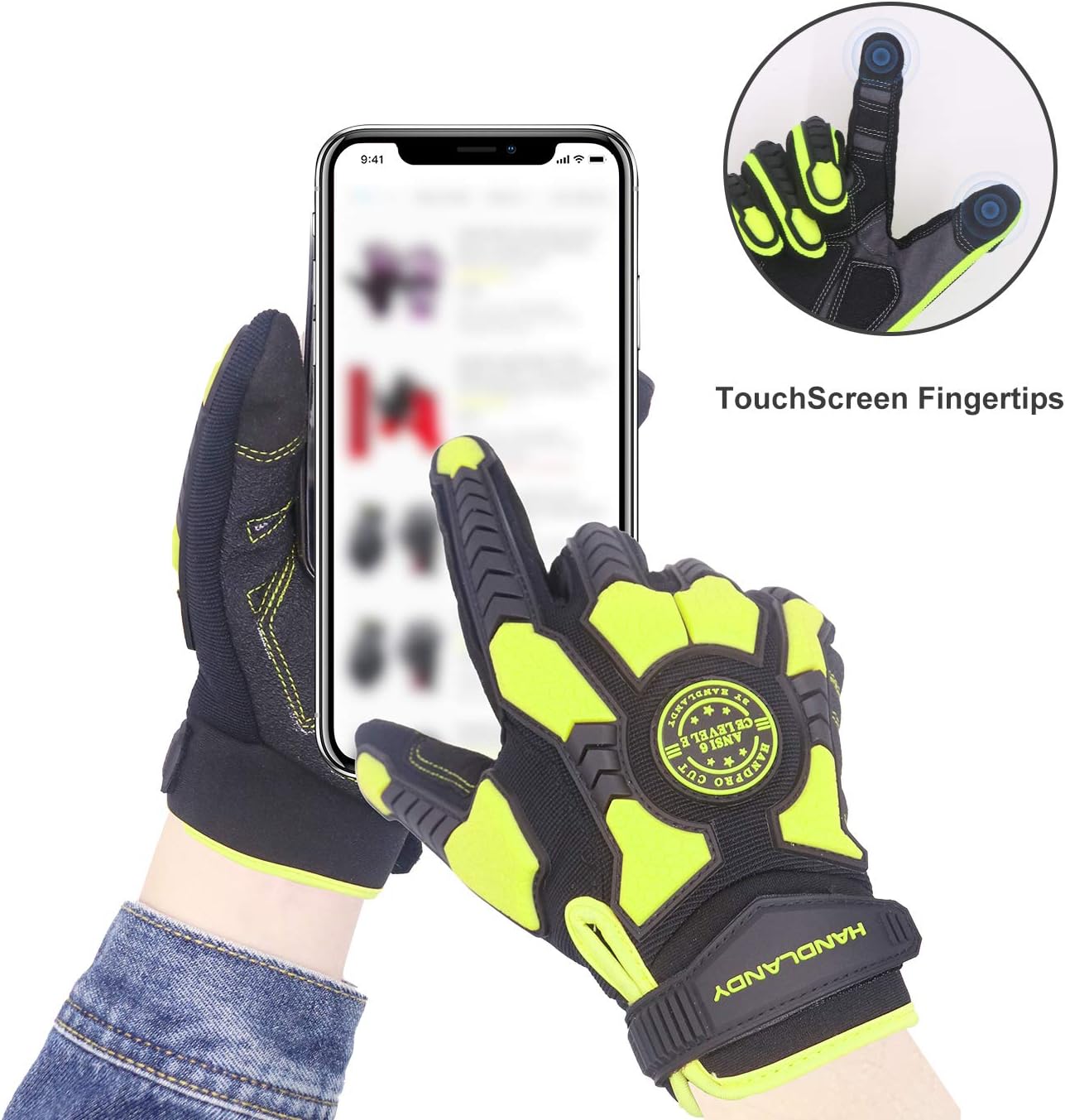 HLDD HANDLANDY Guantes de trabajo resistentes, acolchado SBR, guantes de impacto protectores TPR, guantes mecánicos antivibratorios