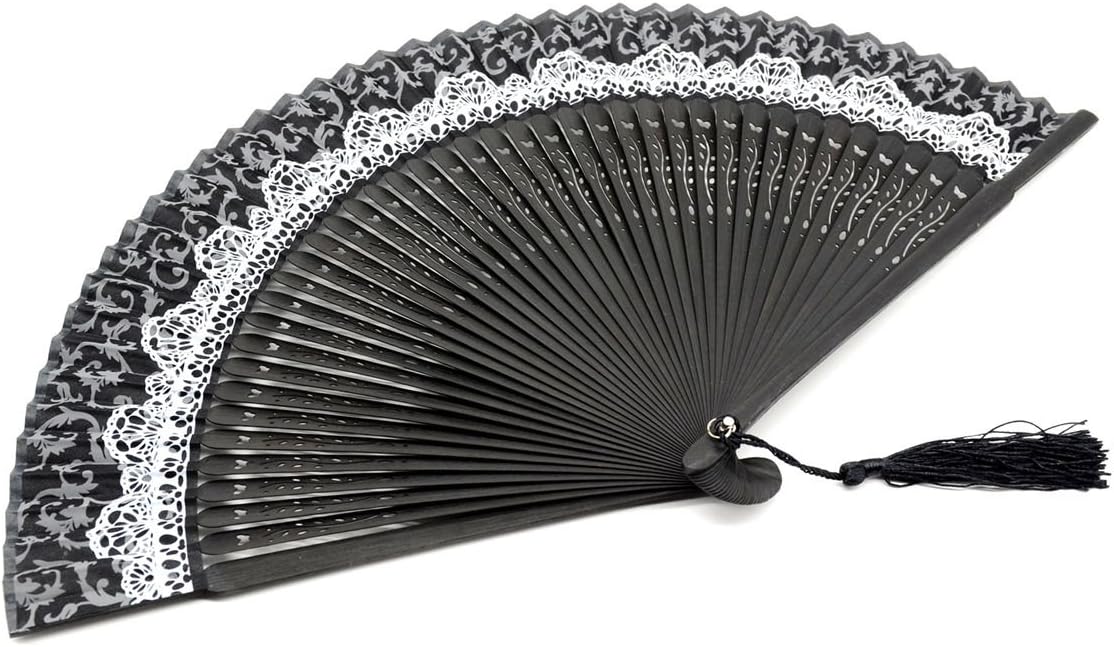 OMyTea Abanico plegable de bambú para mujer, ventilador de mano con patrón de encaje chino, japonés, español, para boda, decoración, actuación,