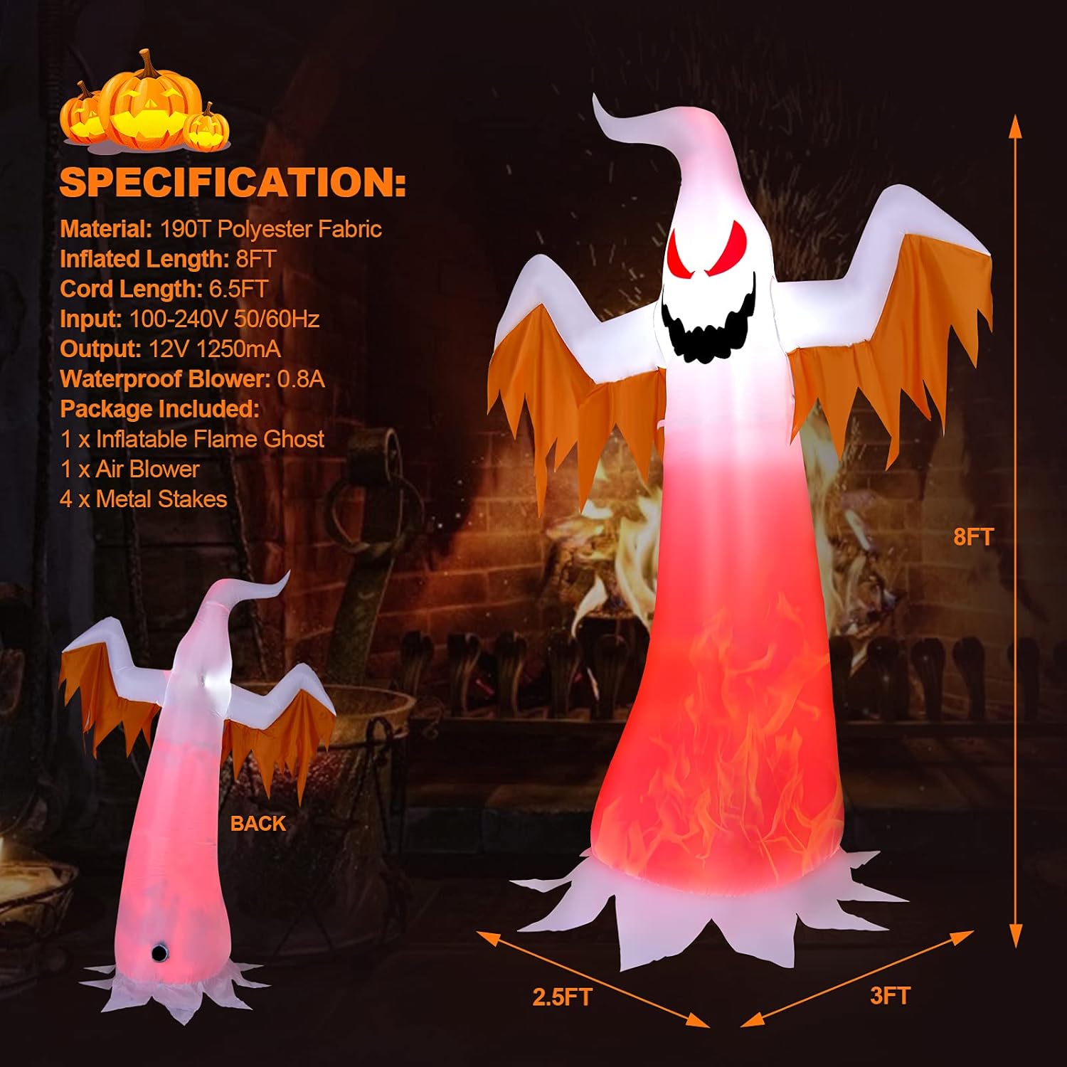 COSTWAY Fantasma blanco inflable de Halloween de 8 pies con luces LED de llama giratoria, decoración de fantasma gigante para patio al aire libre,