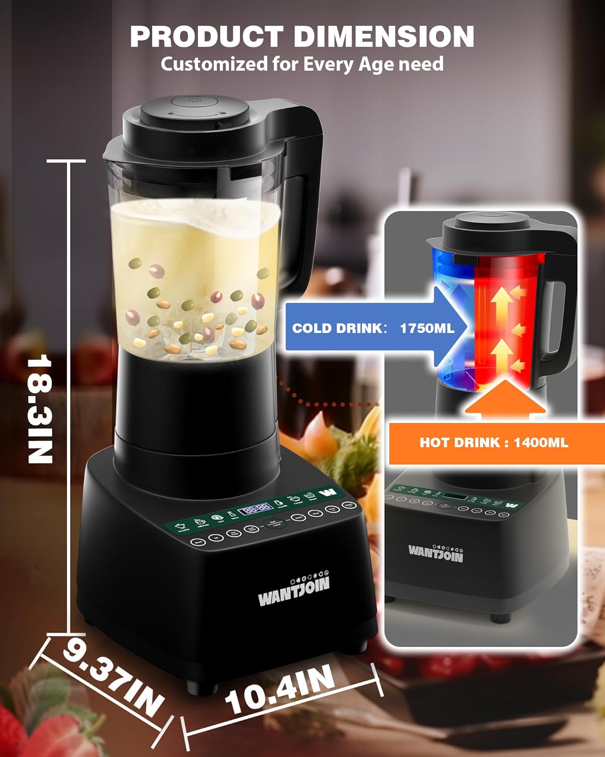 WantJoin Licuadora de cocina caliente y fría de 60 onzas, licuadora de alta velocidad de 24000 RPM con 9 programas de un solo toque, máquina de