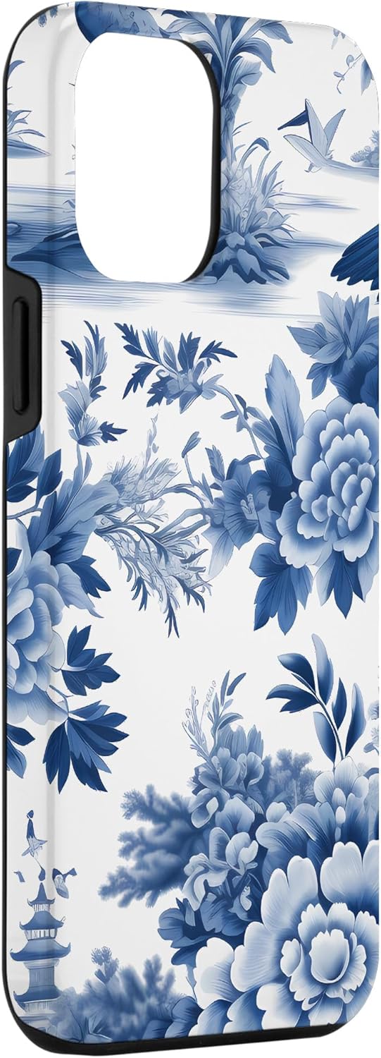 Funda clásica para iPhone 12 Pro Max Chinoiserie botánica con diseño de pájaro floral y azul