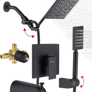 Juego de grifo de ducha doble negro mate con cabezal de ducha de mano y lluvia de 8 pulgadas, brazo de ducha de extensión ajustable, boquilla de Juego de grifo de ducha doble negro mate con cabezal de ducha de mano y lluvia de 8 pulgadas, brazo de ducha de extensión ajustable, boquilla de