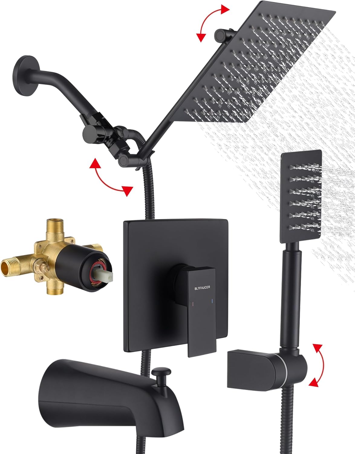 Juego de grifo de ducha doble negro mate con cabezal de ducha de mano y lluvia de 8 pulgadas, brazo de ducha de extensión ajustable, boquilla de