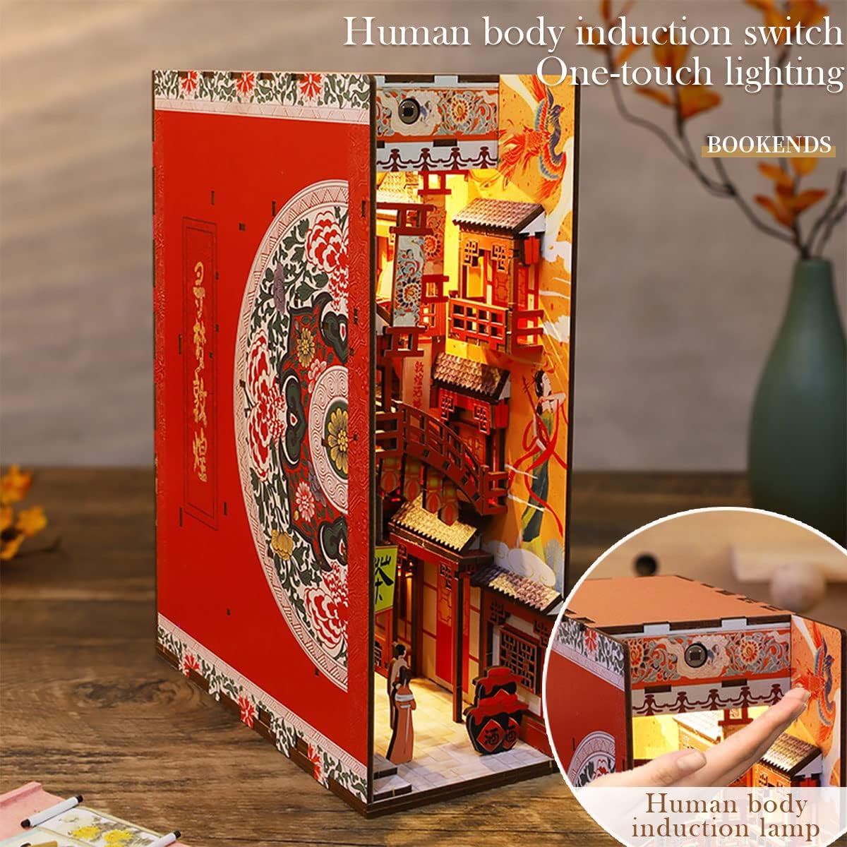 Kit de bricolaje en miniatura para rincón de libros, rompecabezas de madera 3D, decoración con sensor de luz, kit de modelo de casa de muñecas,