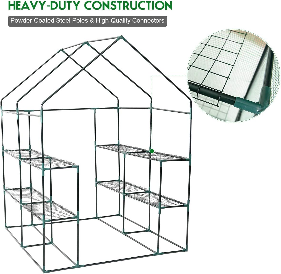 Safstar – Invernadero de 4.8 x 4.8 x 6.4 pies, casa verde con 2 estantes de malla de 8 niveles y puerta enrollable con cremallera, mini invernadero
