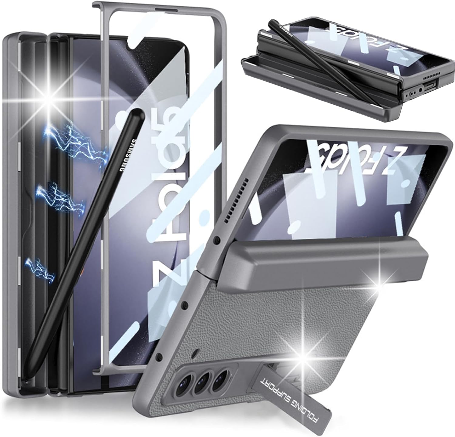Miimall Funda para Galaxy Z Fold 5, soporte integrado para S Pen + protección magnética de bisagra+protector de pantalla+soporte de grado militar a