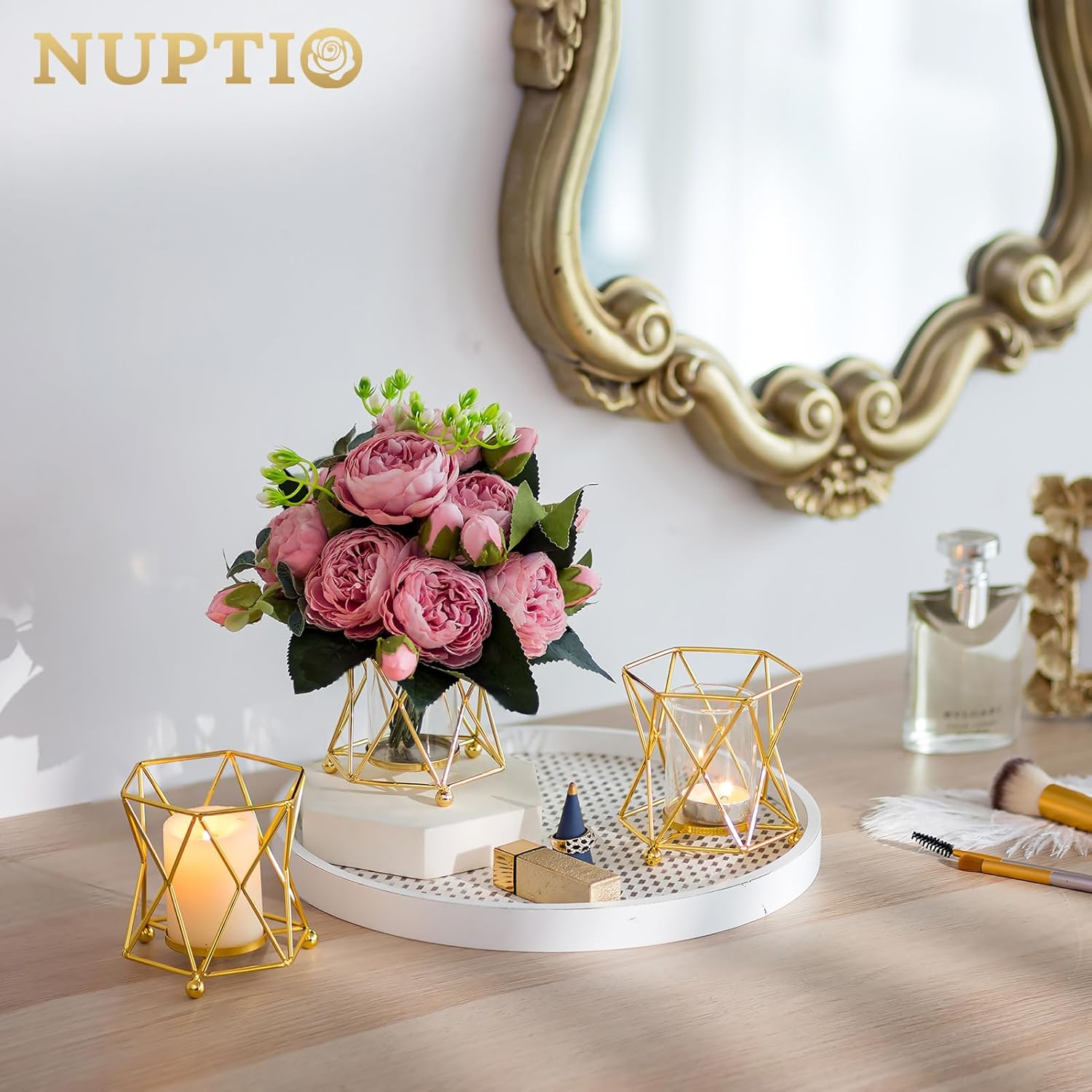 NUPTIO Portavelas geométricos dorados 6 piezas de mesa de té de boda con taza votiva de vidrio a granel moderno geométrico candelita portavelas para
