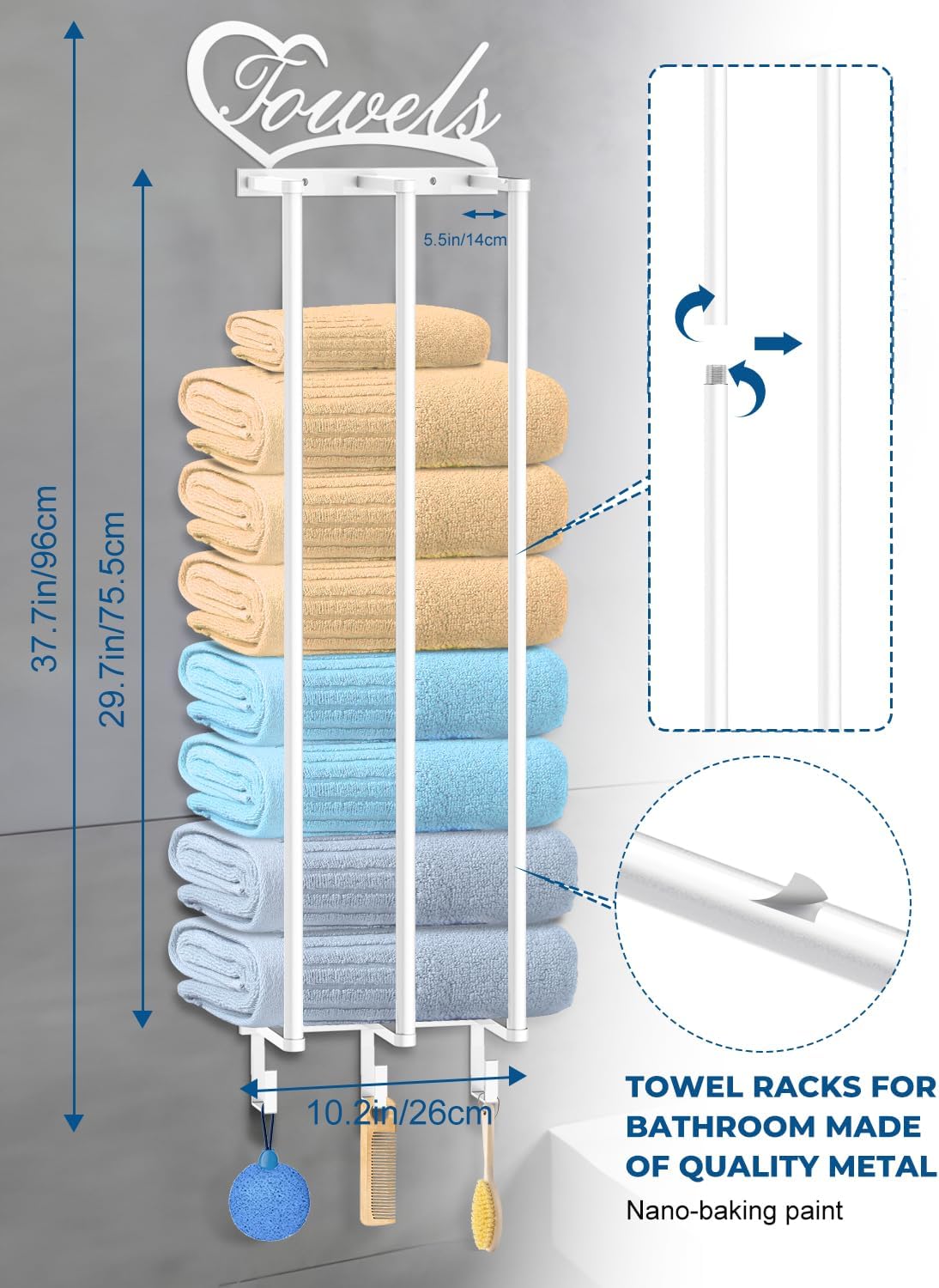 Toalleros para baño montados en la pared, nuevo toallero de pared 3 en 1 mejorado para toallas enrolladas, almacenamiento de toallas de baño con 3