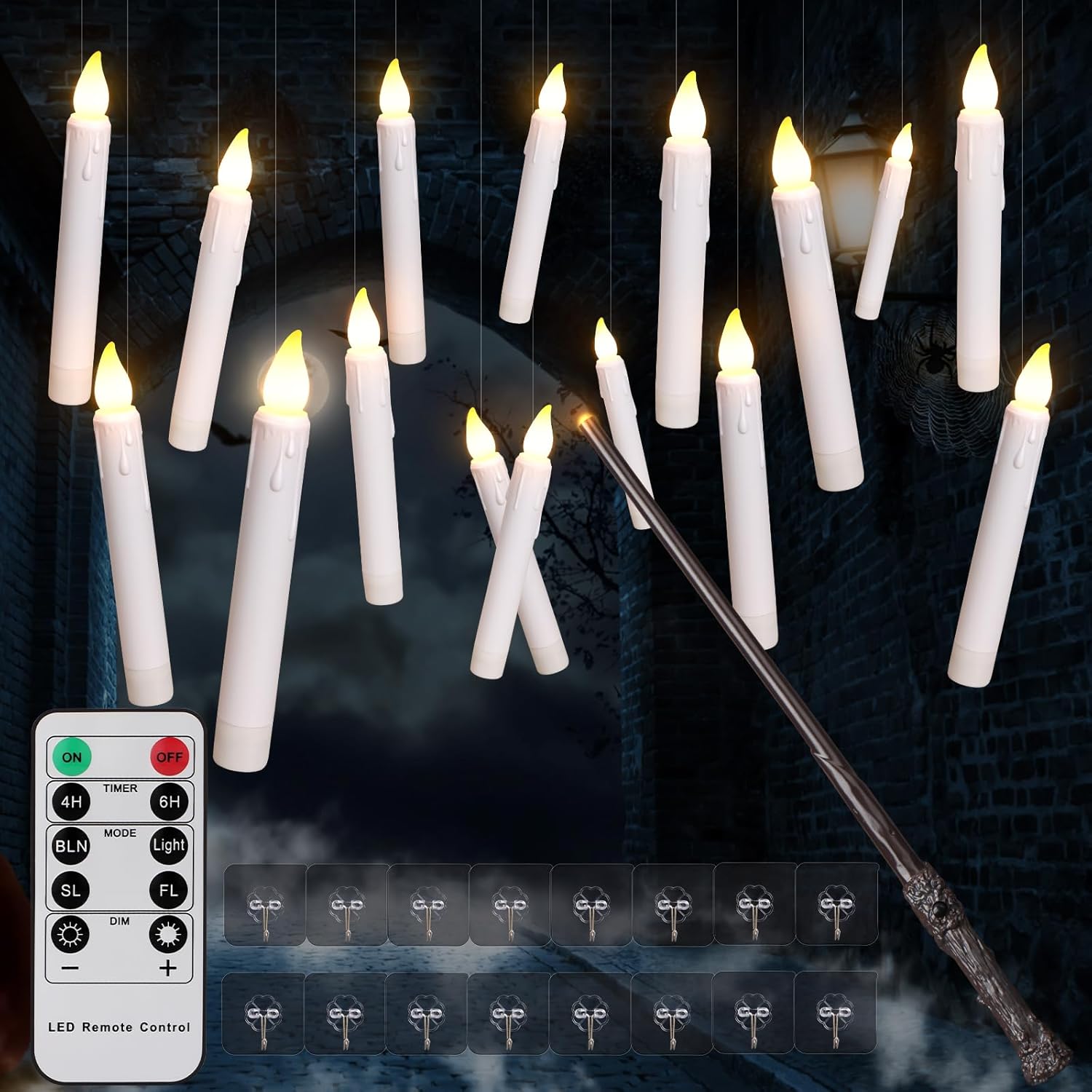 16 velas flotantes con control remoto de varita mágica, velas cónicas sin llama de 6.7 pulgadas, velas LED colgantes de Halloween, velas de ventana