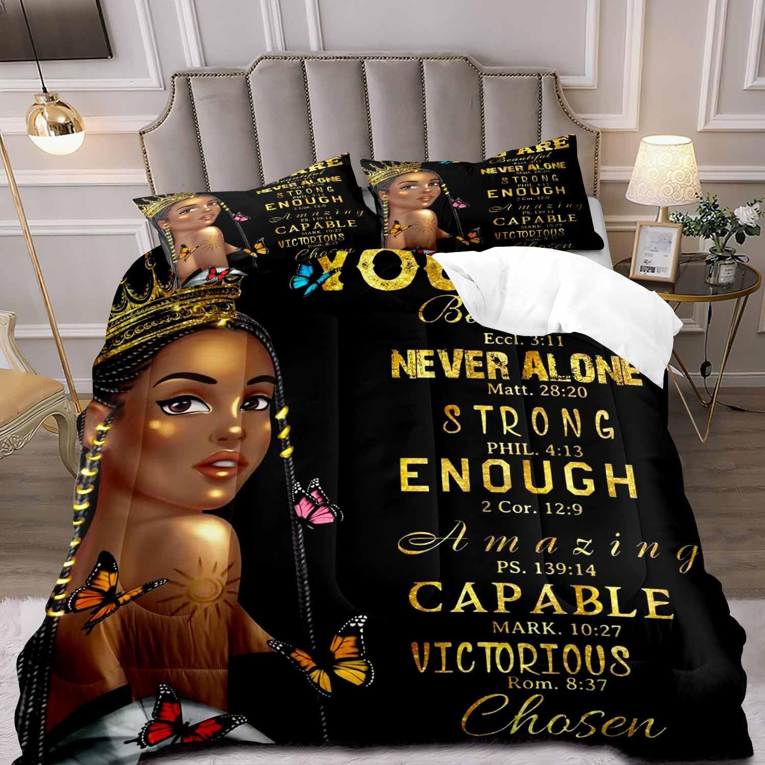 LUVIVIHOME Juego de edredón mágico para niña negra, ropa de cama de niña negra afroamericana, versículo bíblico cristiano, mariposa, decoración de
