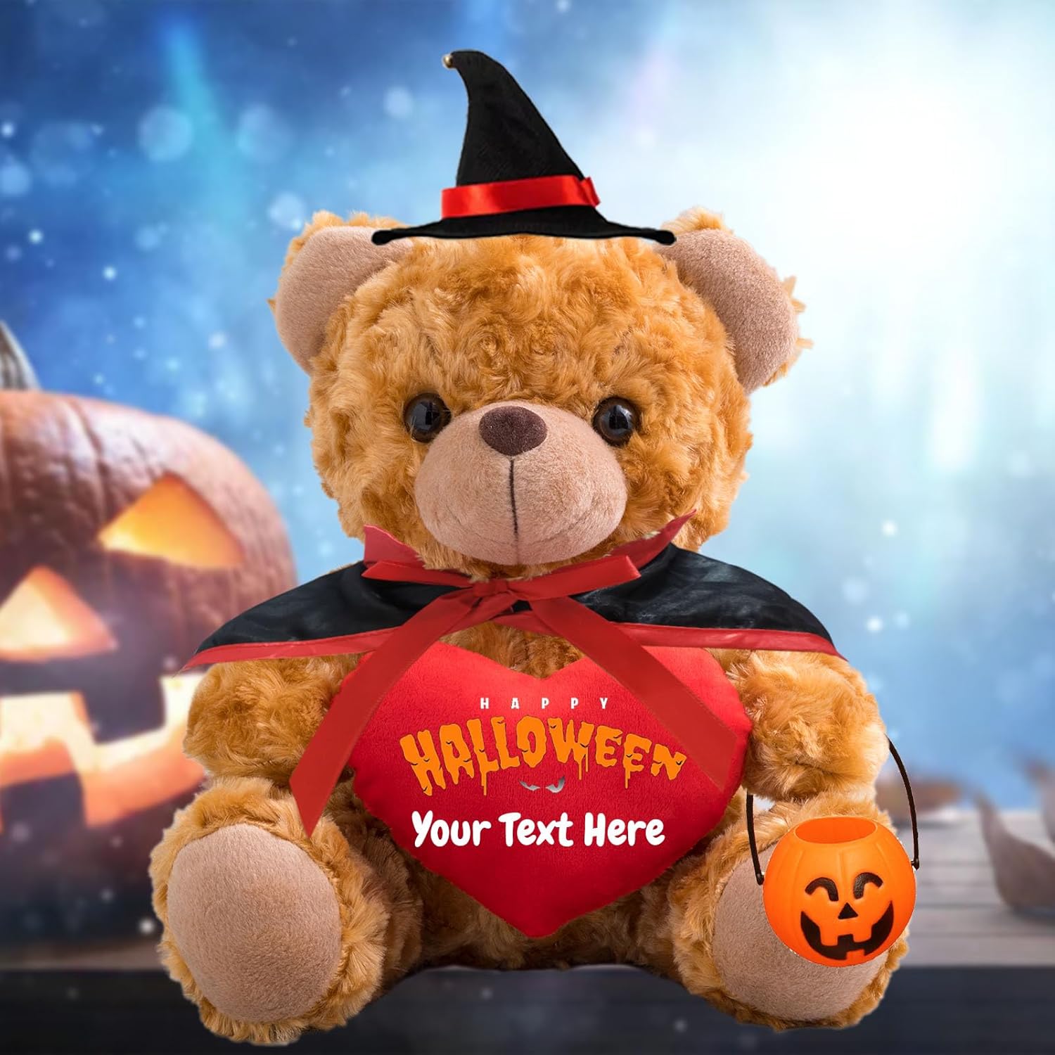 Oso de peluche de Halloween con corazón personalizado con texto personalizado, juguetes de Halloween con decoración de calabaza, sombrero y capa de