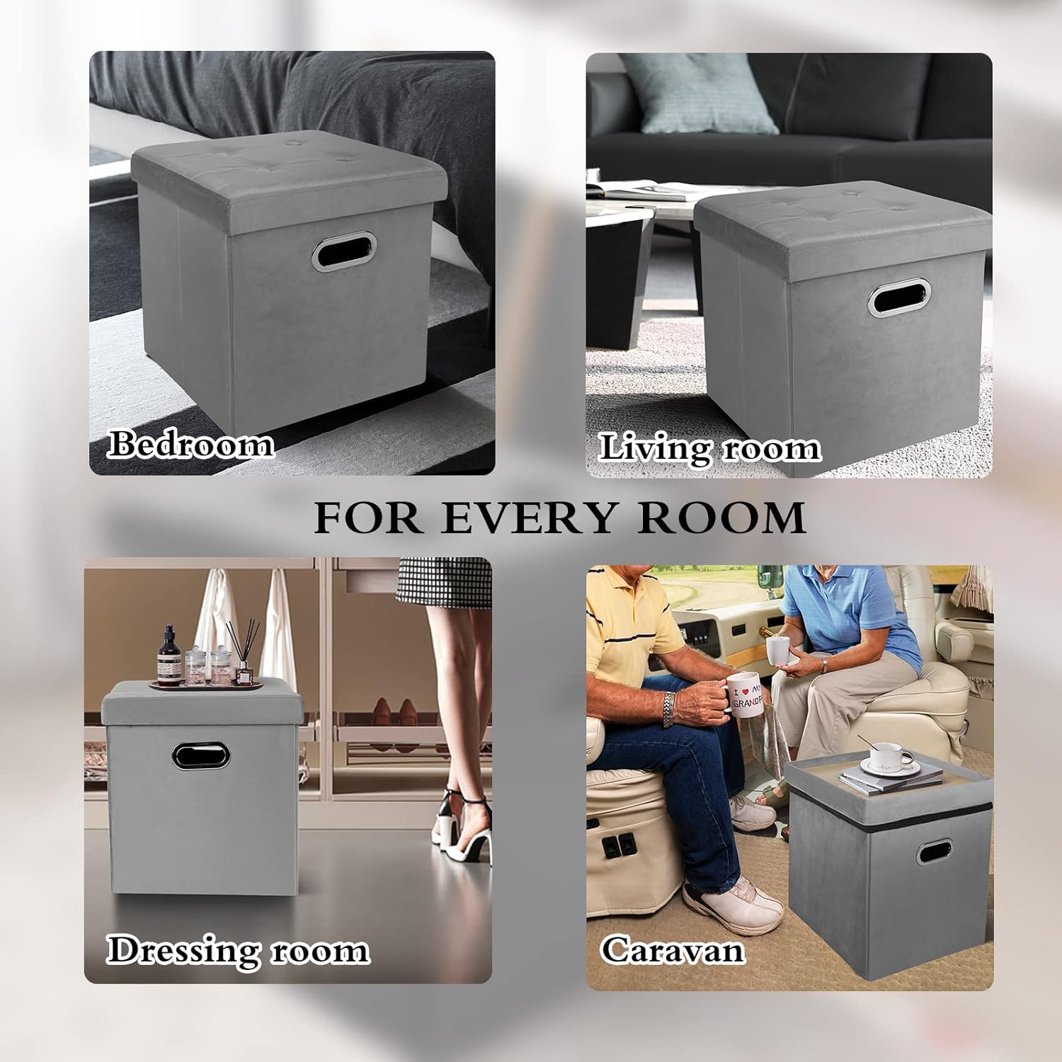 Cubo otomano de almacenamiento, otomana de terciopelo con botones de almacenamiento, otomana cuadrada plegable con bandeja, almacenamiento otomano