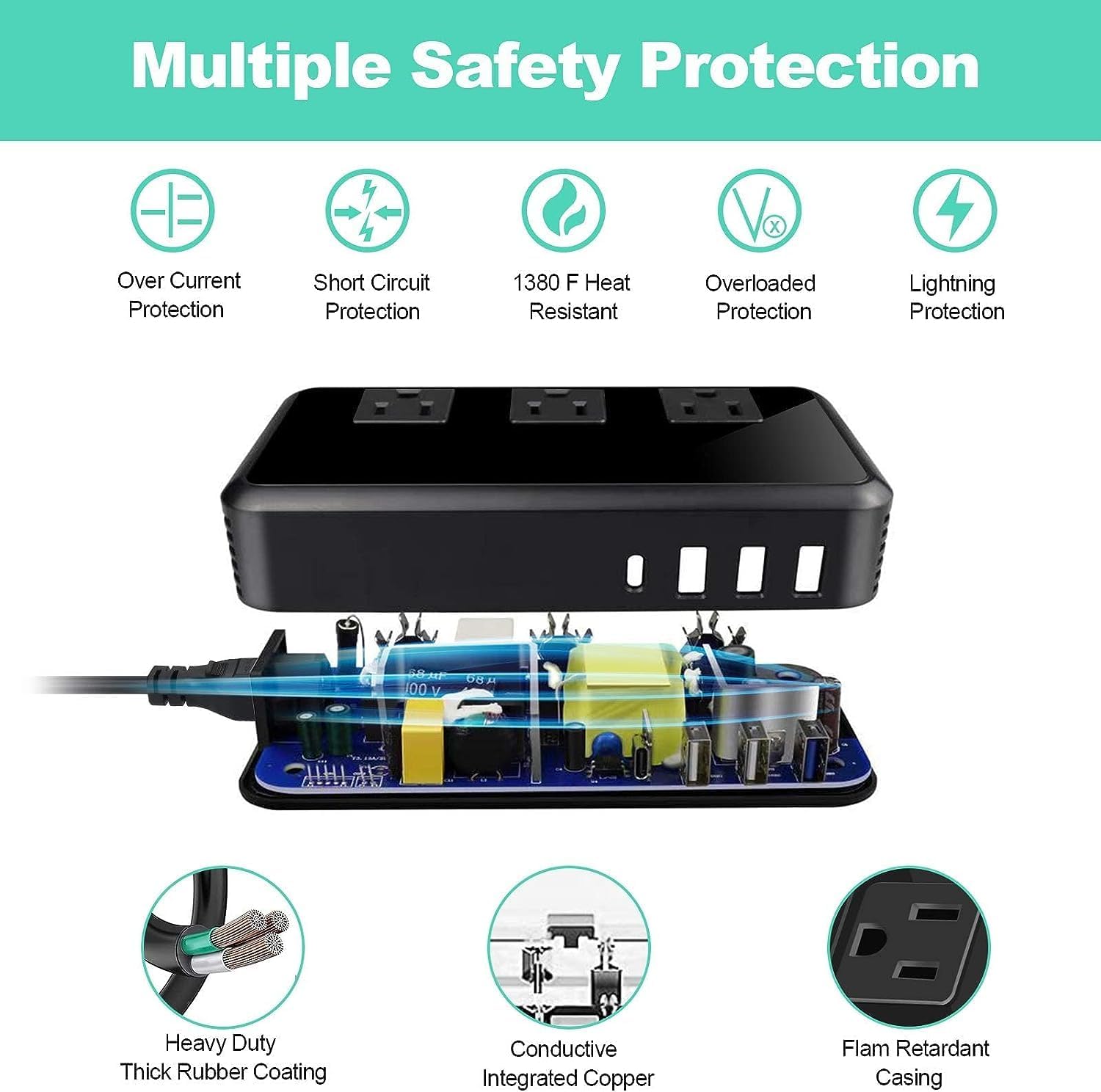 Convertidor de voltaje 2300W Adaptador de viaje universal Convertidor de alimentación reductor de 220 V a 110 V con 3 puertos USB 3 salidas de CA 1