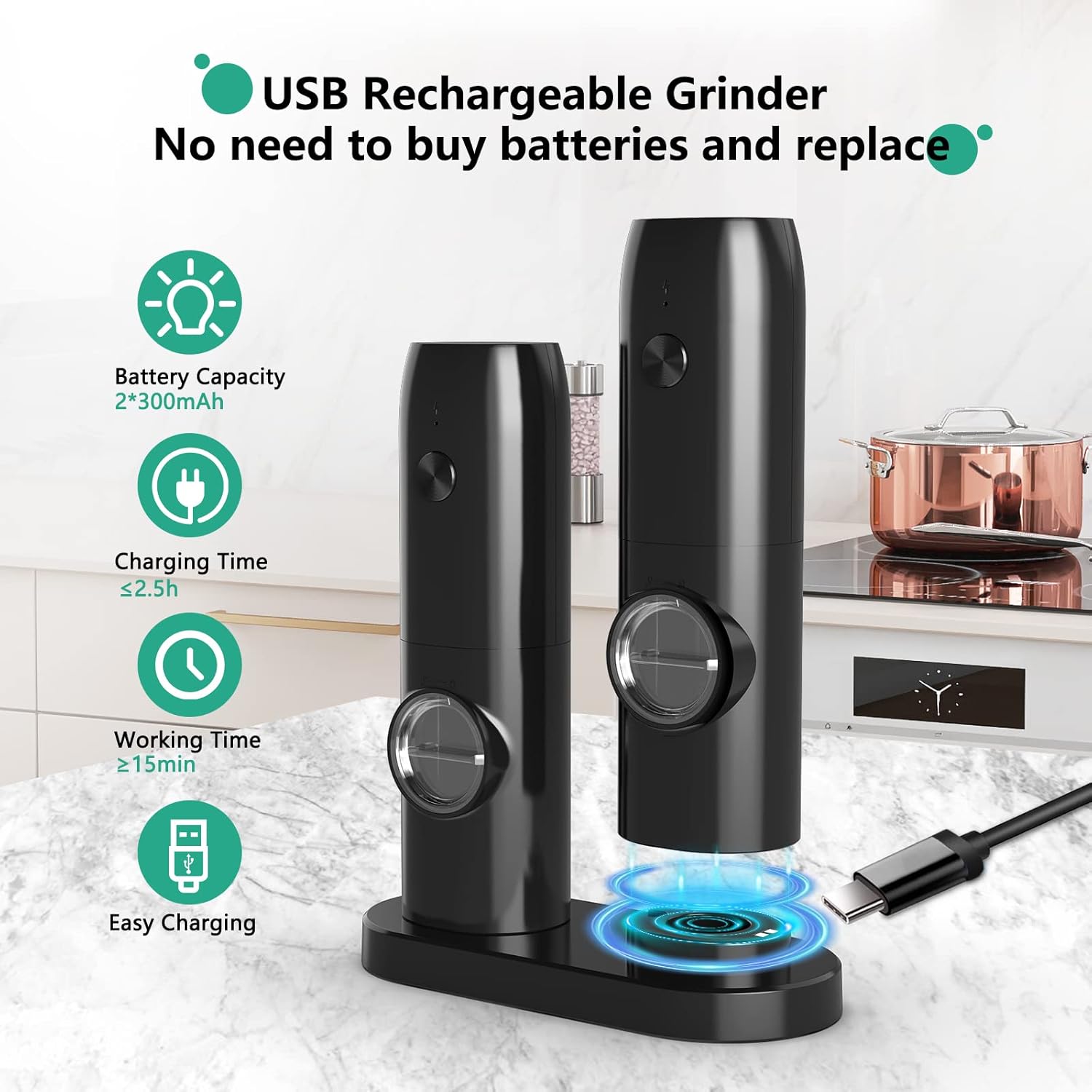 FETLLESN Juego de molinillo eléctrico de sal y pimienta, juego de molinillo de pimienta automático recargable, luz LED, con una sola mano, con - Imagen 7