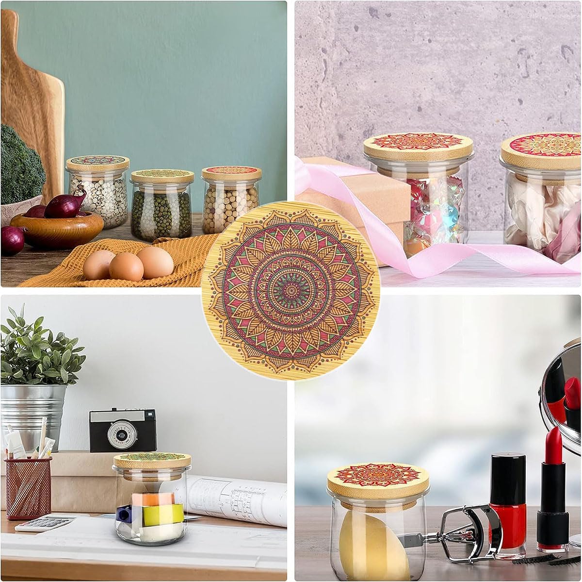 Paquete de 12 tapas para tarros de yogur Oui, tapas reutilizables de bambú natural de mandala Oui con anillos de sellado de silicona para tarros de