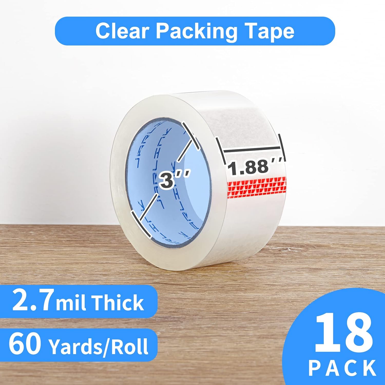JARLINK Cinta de embalaje transparente (18 rollos), cinta de embalaje resistente para embalaje de envío, sellado en movimiento, 2.7 mil de grosor,