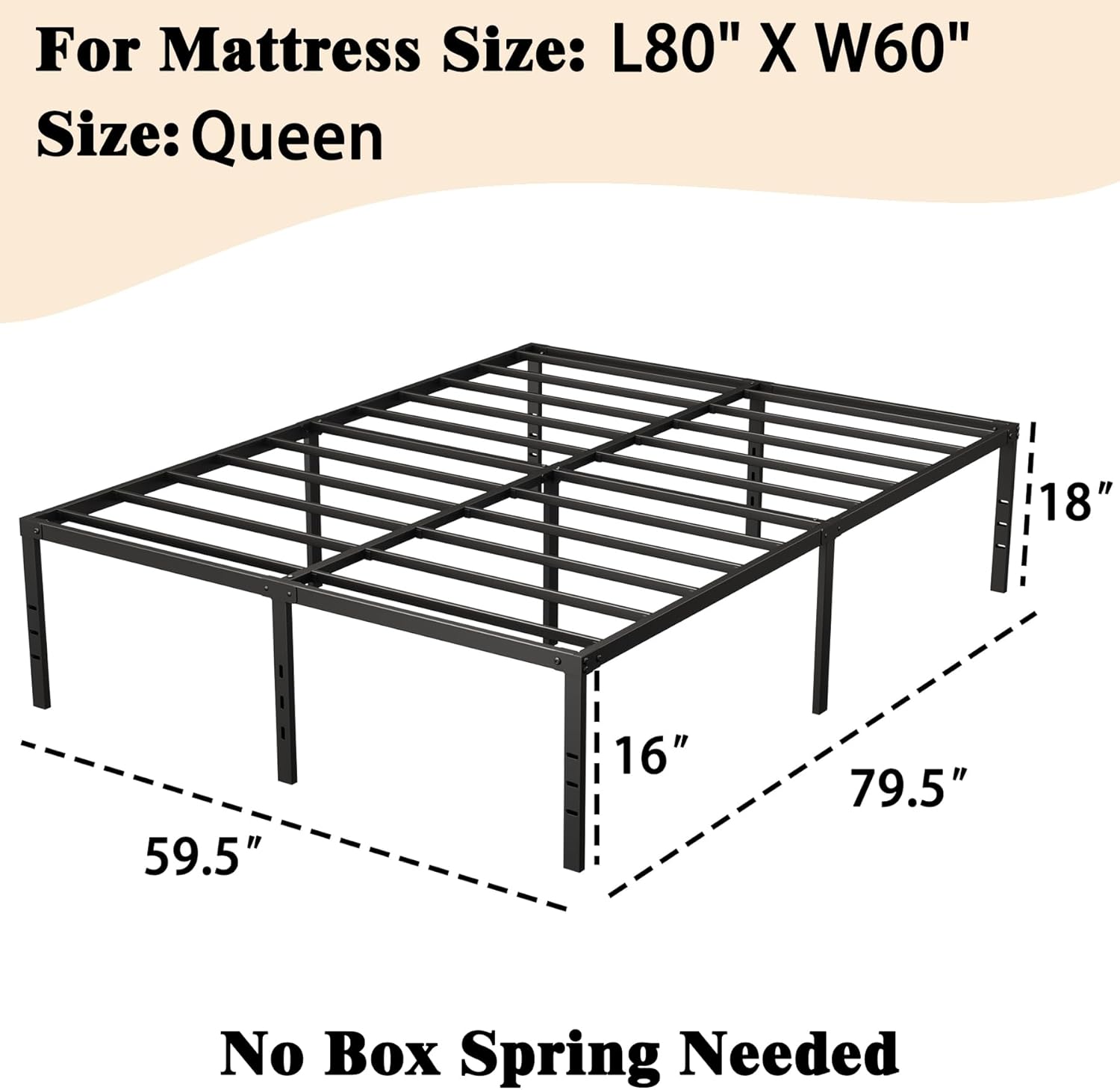 Marco de cama de 18 pulgadas de alto, tamaño Queen, soporte de acero resistente, 2500 libras, marco de cama Queen de metal, no necesita somier,