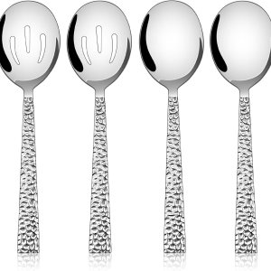 E-far Cucharas martilladas, juego de 4 utensilios de acero inoxidable para servir, 2 cucharas sólidas, 2 cucharas ranuradas, cucharadas de metal E-far Cucharas martilladas, juego de 4 utensilios de acero inoxidable para servir, 2 cucharas sólidas, 2 cucharas ranuradas, cucharadas de metal