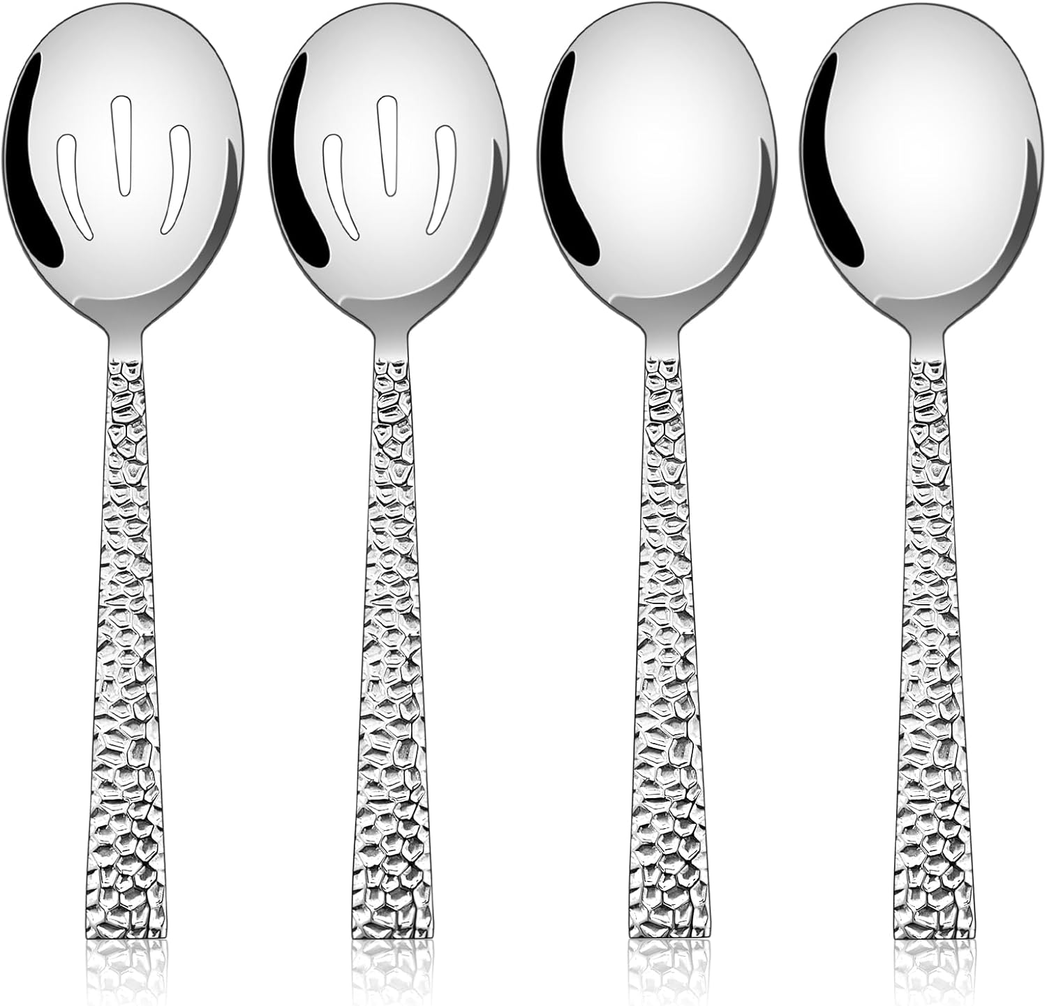 E-far Cucharas martilladas, juego de 4 utensilios de acero inoxidable para servir, 2 cucharas sólidas, 2 cucharas ranuradas, cucharadas de metal