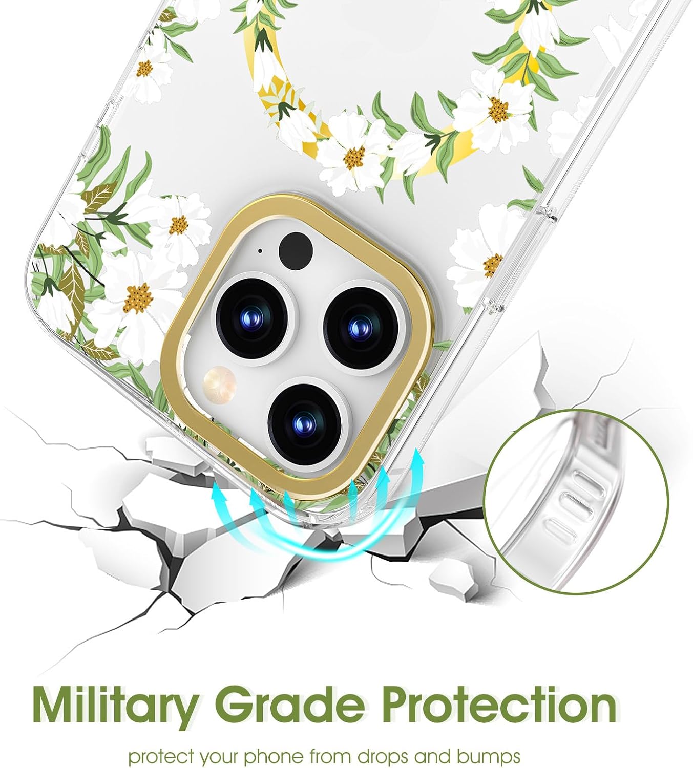 MILPROX Funda compatible con iPhone 15 Pro Max, compatible con MagSafe, bonito patrón floral de flores para niñas y mujeres, funda protectora