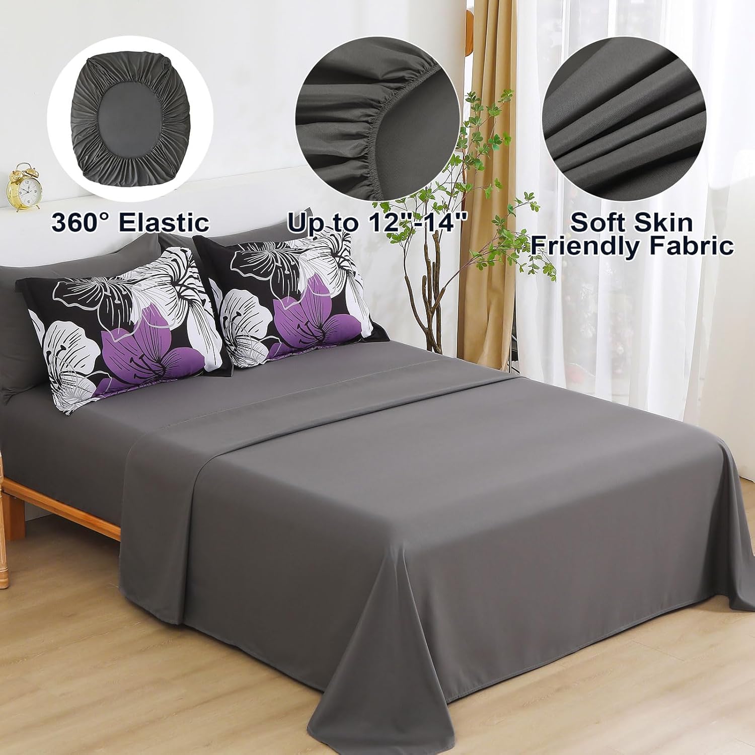 Luxudecor Juego de edredón floral tamaño King, 7 piezas de cama en una bolsa, juego de edredón floral morado y sábanas, juegos de cama completos de