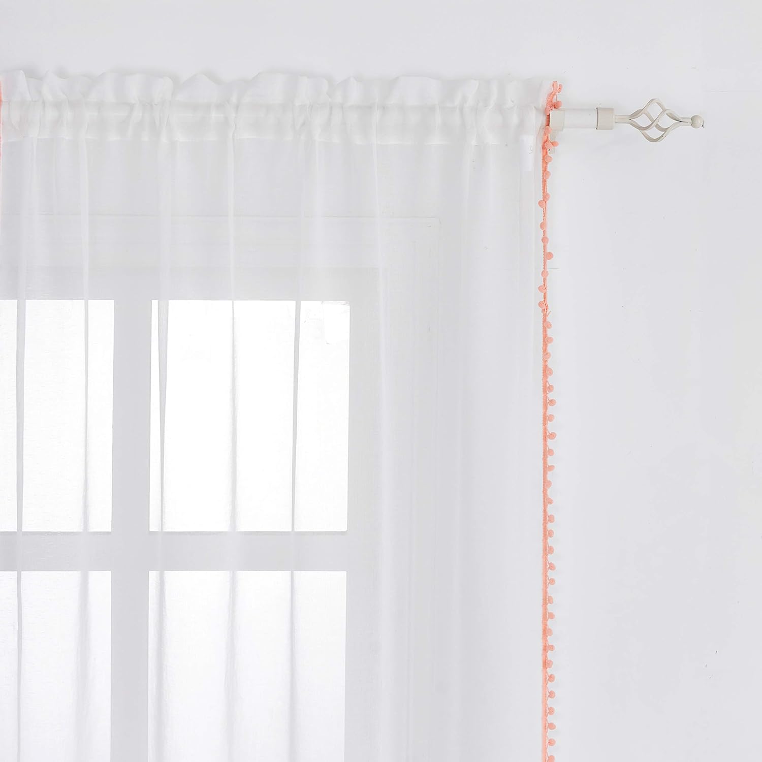 Selectex – Cortinas de gasa semitransparentes con diseño de cenefa de borlas, con bolsillo para barra, para sala de estar o habitación, juego de 2