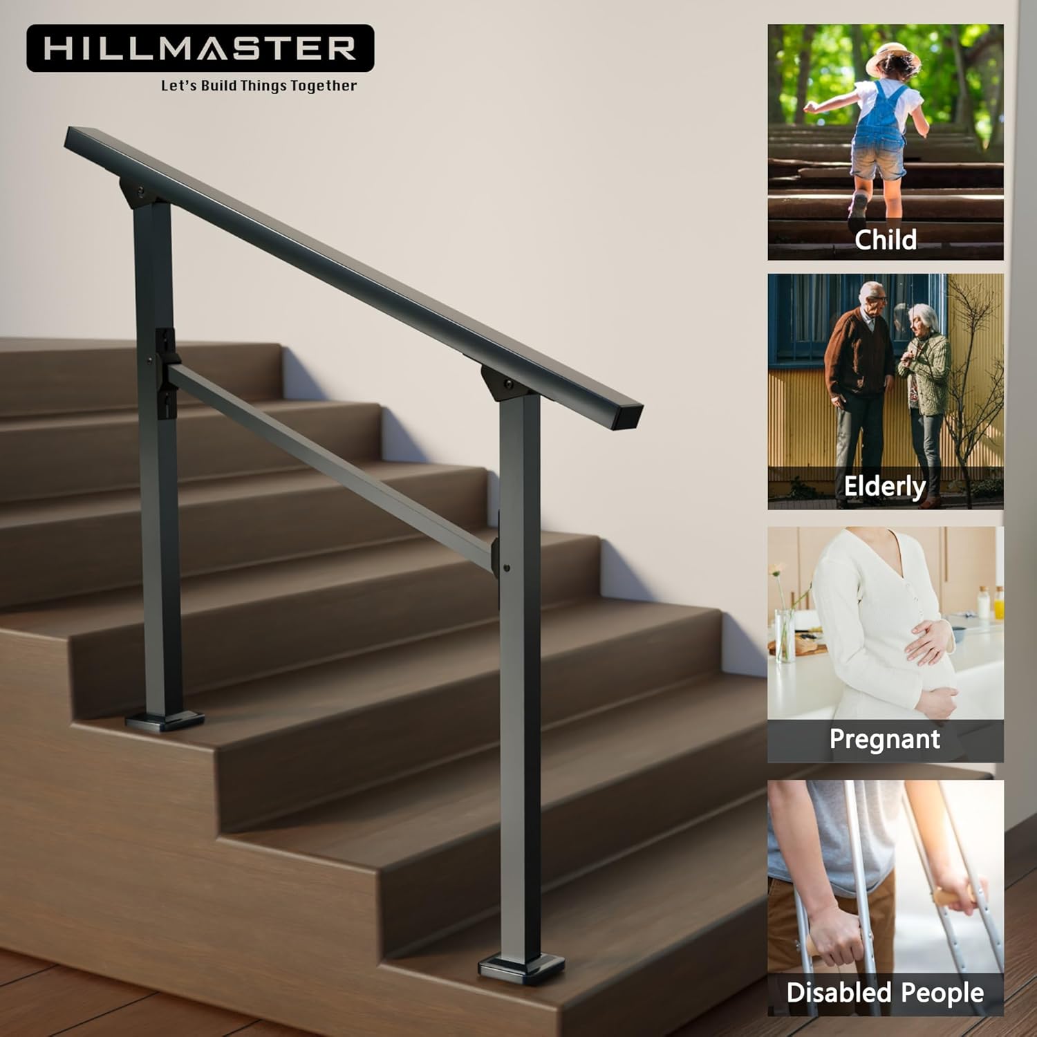 HILLMASTER Barandillas de 2 escalones para escalones al aire libre, barandilla de escalera al aire libre para escalones exteriores, kit de