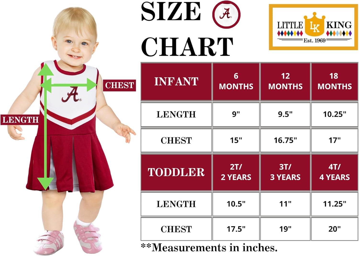 Little King NCAA – Vestido de una pieza para niñas pequeñas, tallas 6M, 12M, 18M, 2T, 3T, 4T