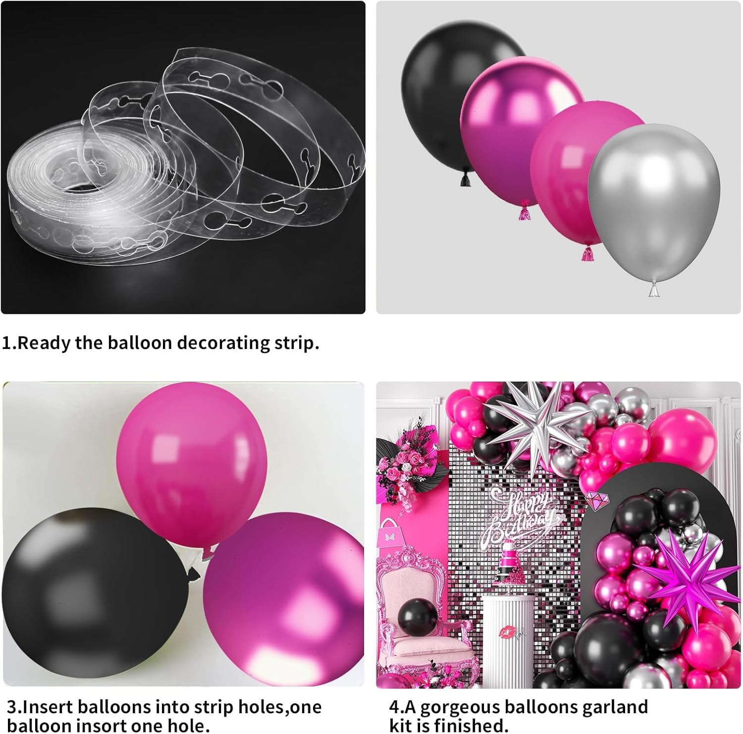 Kit de arco de guirnalda de globos negros y rosados, arco de globos de color rosa intenso y plateado con globos de estrella para niñas, cumpleaños,