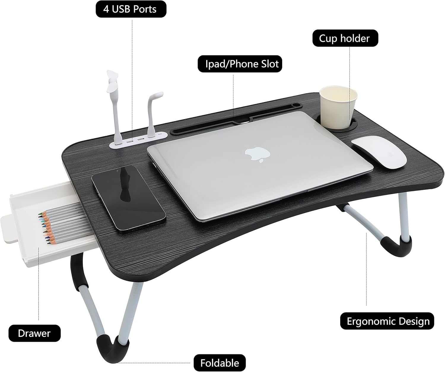 Eternal Wings Escritorio de cama para laptop, mesa plegable portátil con puerto de carga USB, soporte para tazas, cajón de almacenamiento, para