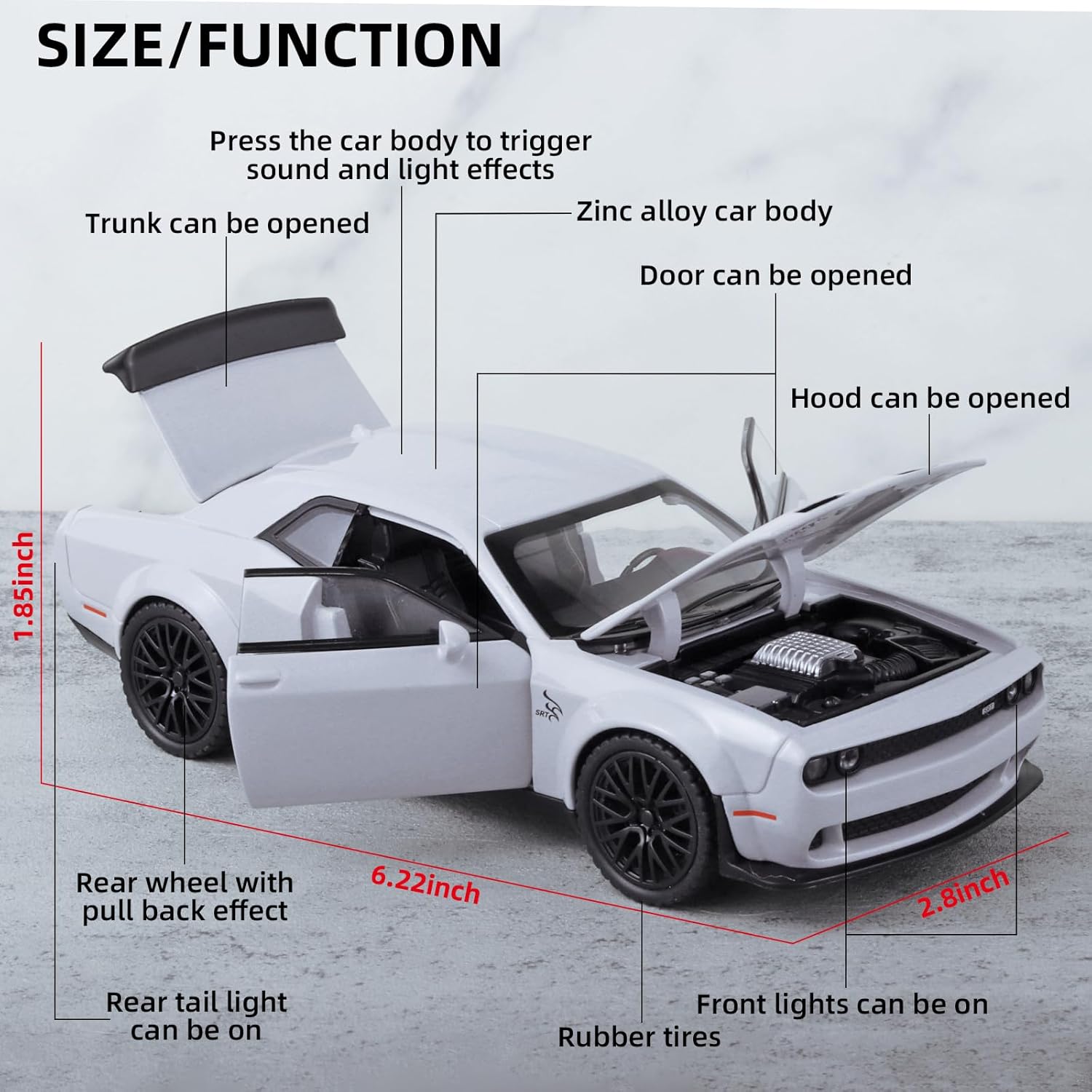 Toy Cars for Kids 132 Challenger Hellcat Die Cast Metal Toy Cars,Pull Back Hellcat CarWith Light and Music Hellcat Toy Car Collectible Model