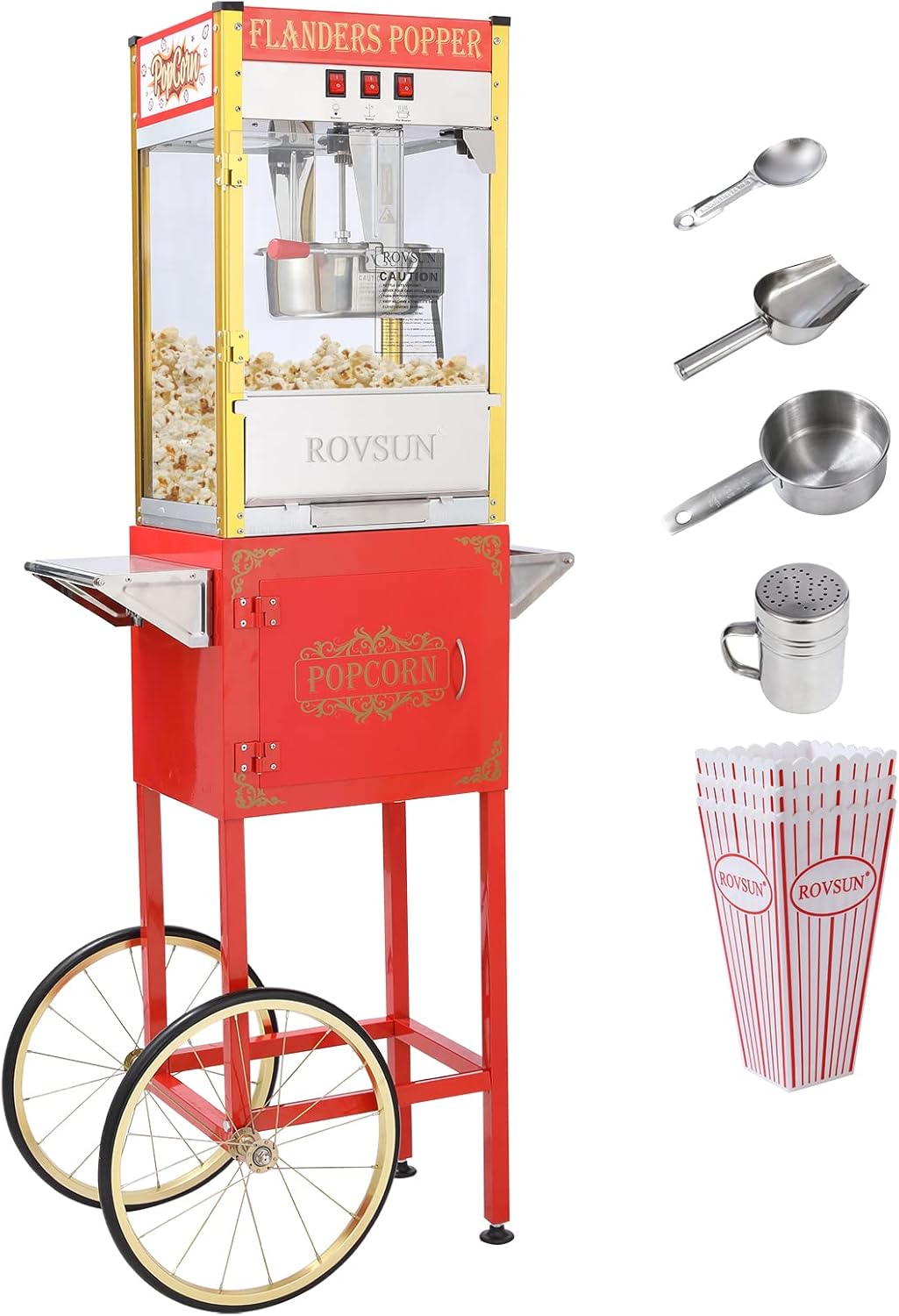 ROVSUN Popcorn Machine Movie Theater Style with Cart & Wheels, 8 Ounce Kettle Makes Up to 32 Cups Popcorn Maker with Popcorn Scoop, Oil Spoon & 3
