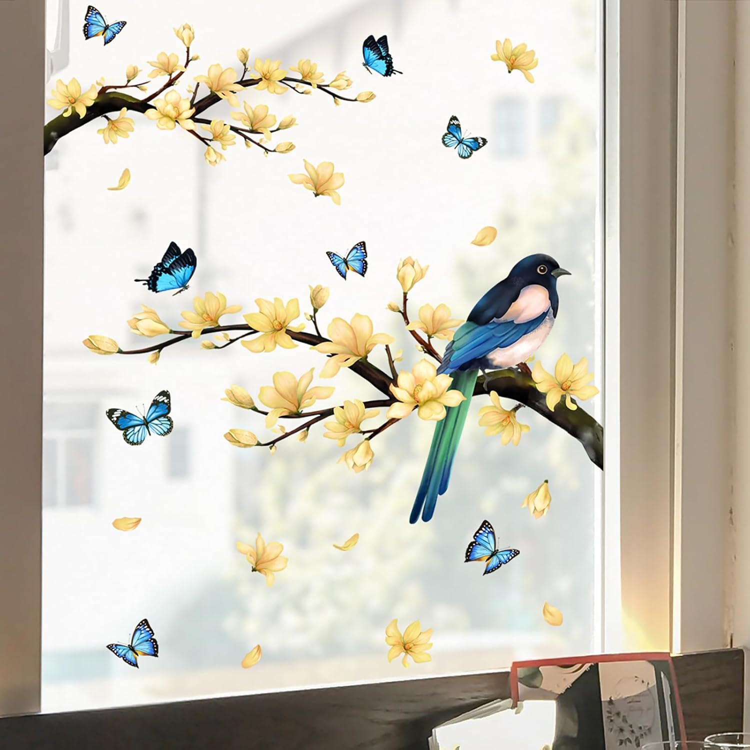 Adhesivos para ventana de flores, pájaros, mariposas, ventanas, primavera, verano, bricolaje, ramas de árboles, calcomanías de doble cara,