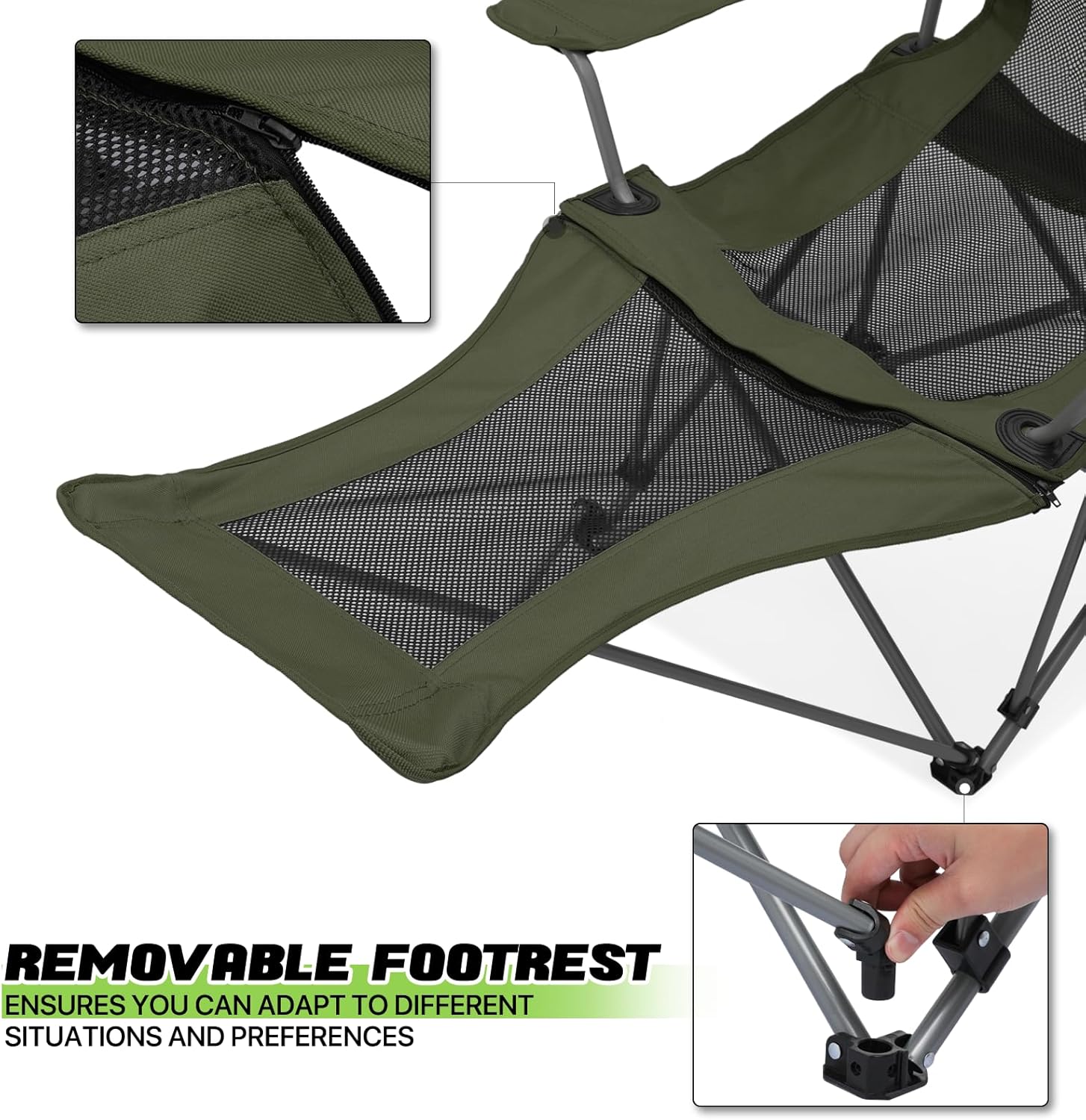 Magshion Silla de camping plegable reclinable con reposapiés para adultos, silla plegable resistente con reposapiés, juego de 2, verde oscuro