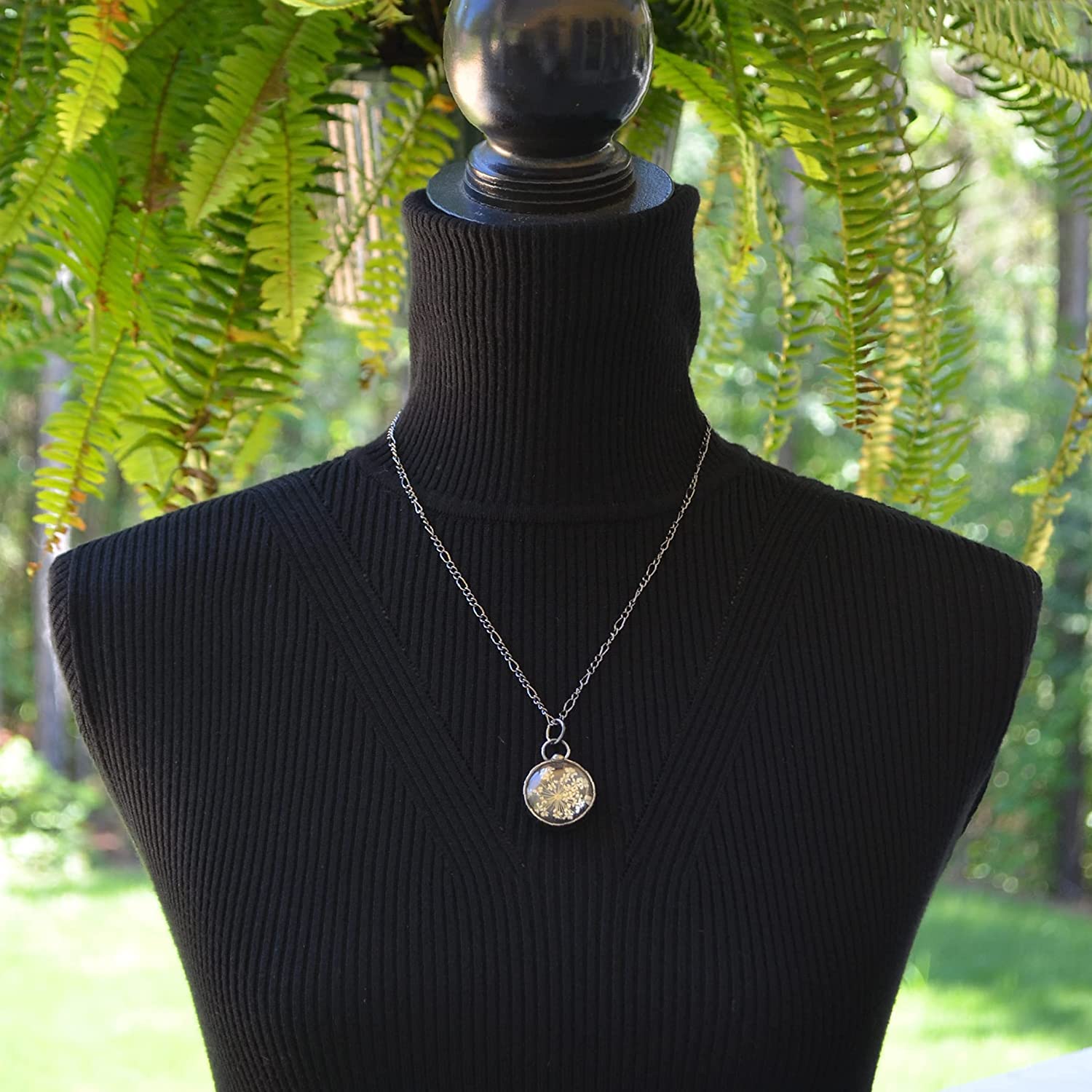 White Wildflower Necklace for Women Real Pressed Flower Queen Anne’s Lace Glass Pendant Birthday 13th Wedding Anniversary Gift Artisan Crafted by