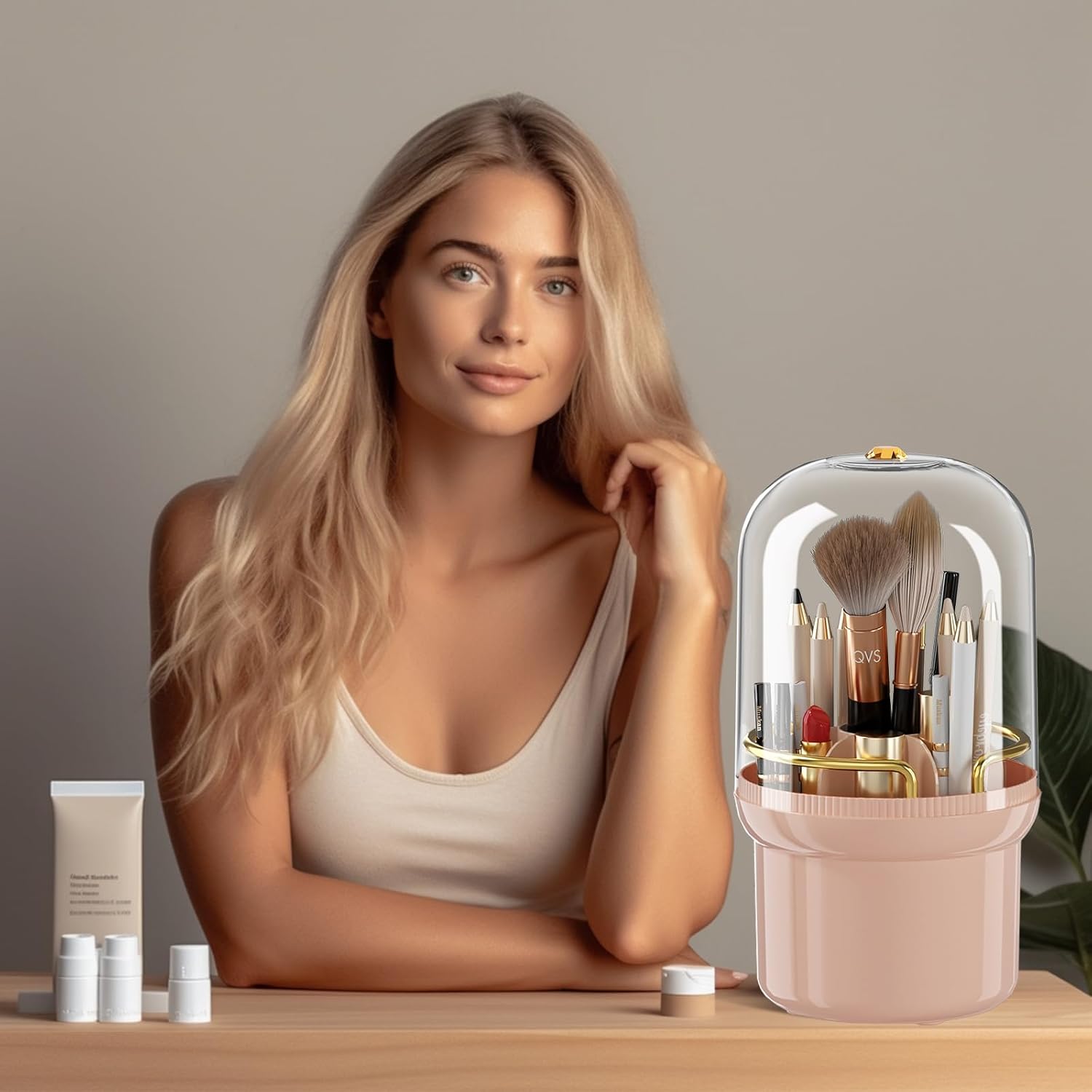 Organizador de brochas de maquillaje con tapa, almacenamiento giratorio de 360 brochas de maquillaje, adecuado para cosméticos de tocador, bolígrafo