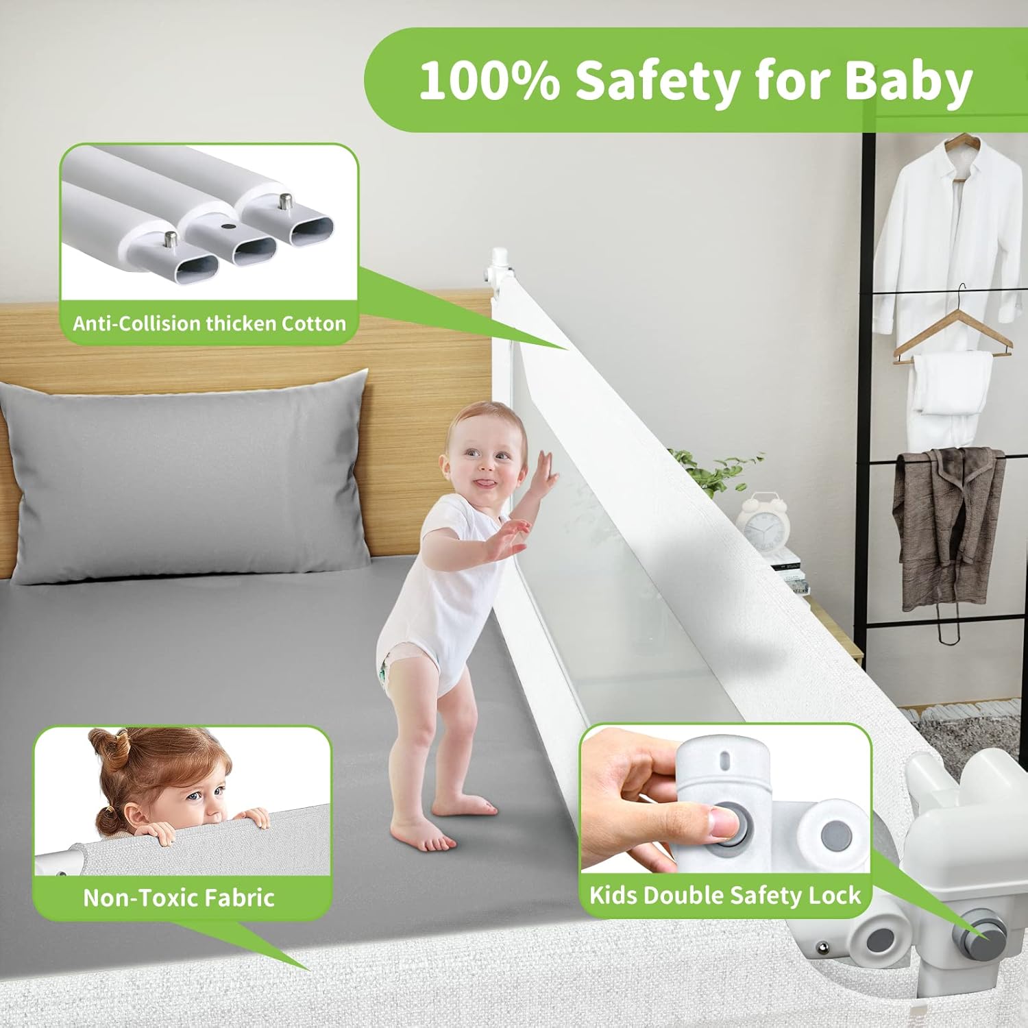 Rieles de cama para niños pequeños, protector de barandilla de cama de bebé ajustable de altura mejorada especialmente diseñado para tamaño