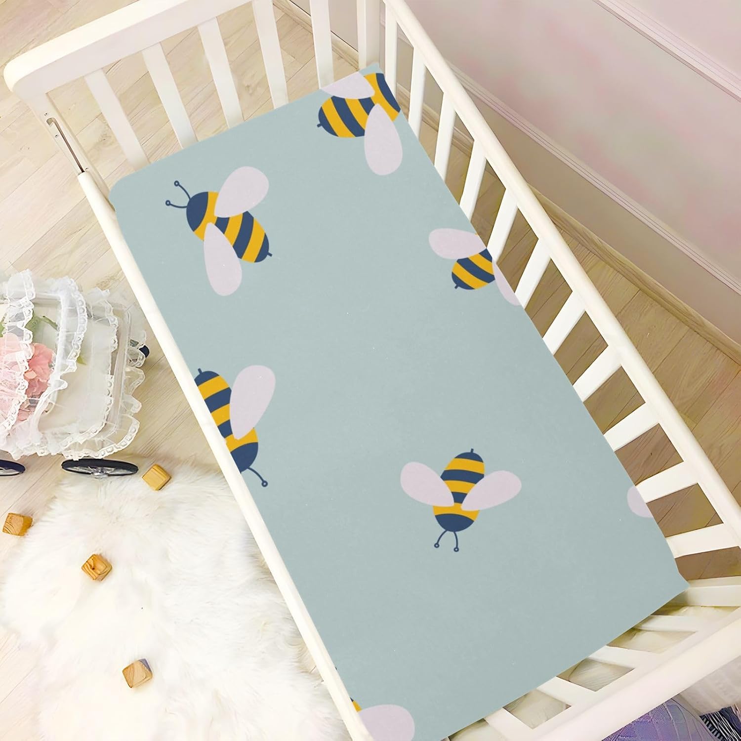 Sábana bajera elástica para cuna para bebé niño y niña, mini sábana bajera portátil de abeja de dibujos animados para juego neutral, material