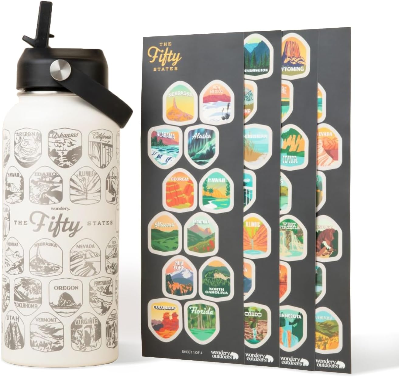 Botella de agua de viaje oficial de Fifty States con calcomanías impermeables y pajilla, color crema, 32 onzas grabadas, acero inoxidable aislado