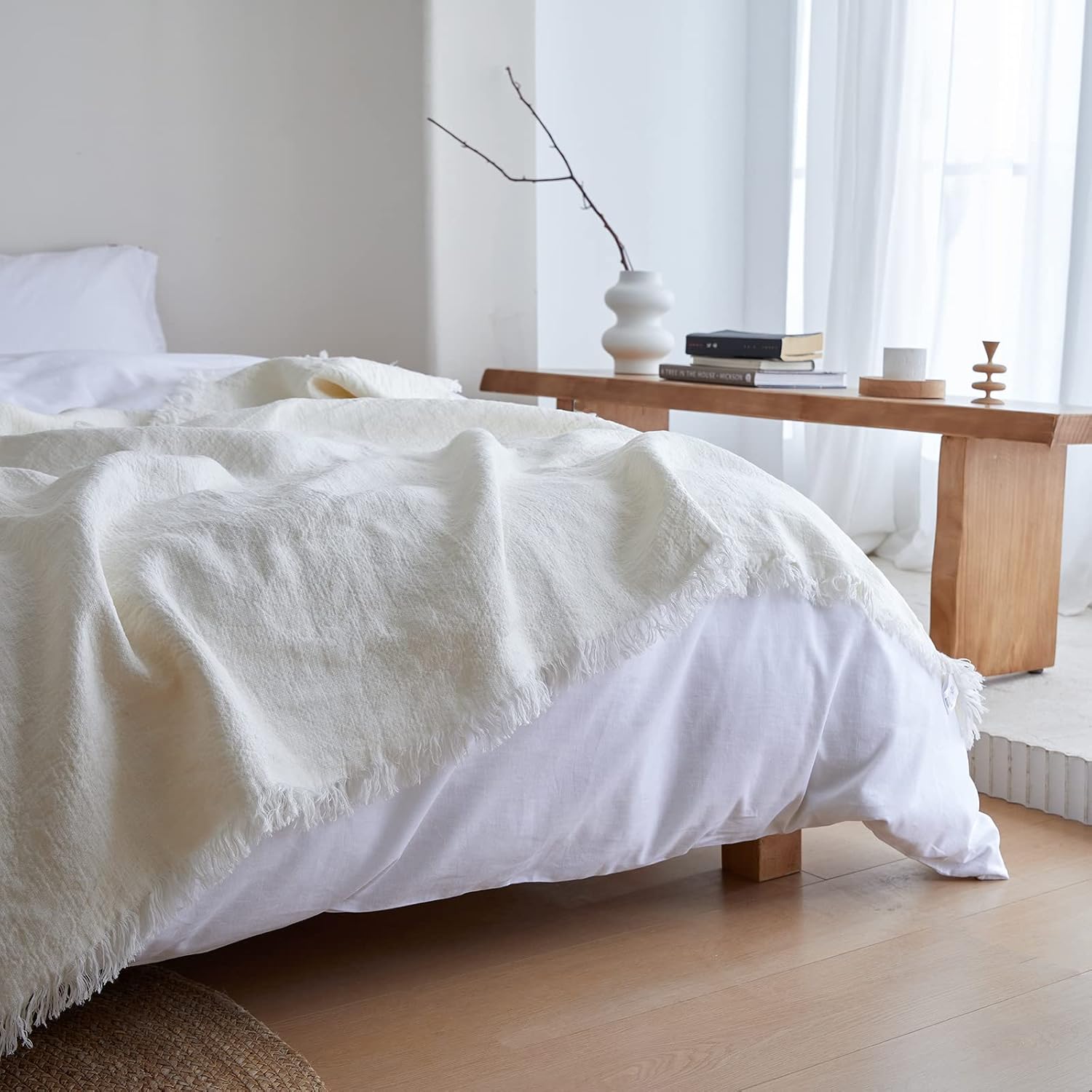 King Linens Manta 100% de lino con flecos para sofá, cama, sofá, regalo, lino natural lavado, color liso, suave, transpirable, acogedora, decoración